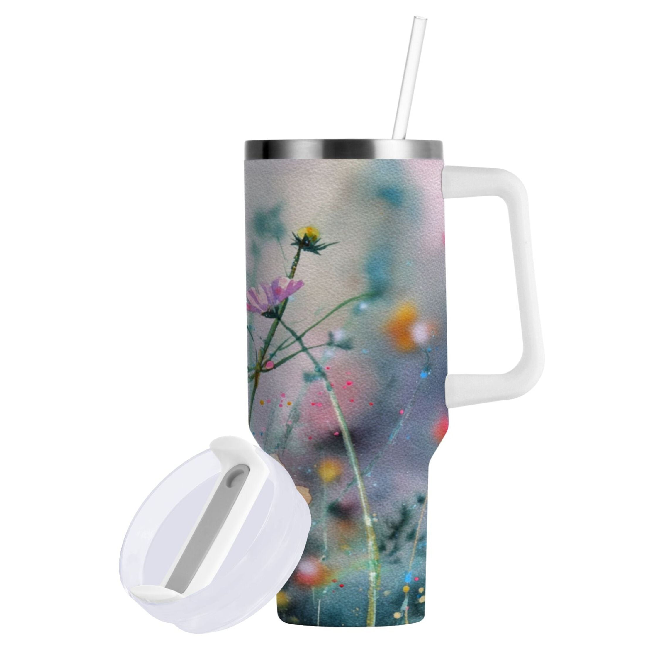 40 oz Insulated Stainless Steel Tumbler Double Wall Stainless Steel Tumbler with 2-Way Drinking Abstract Wildflowers C504W