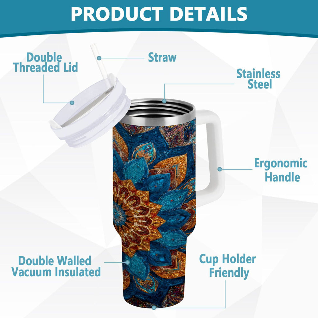40 oz Insulated Stainless Steel Tumbler Double Wall Stainless Steel Tumbler with 2-Way Drinking Intricate Geometric Shapes C518N