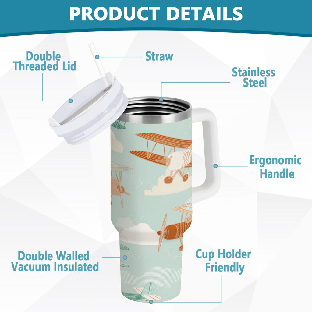 40 oz Insulated Stainless Steel Tumbler Double Wall Stainless Steel Tumbler with 2-Way Drinking Cute Airplanes C647Q