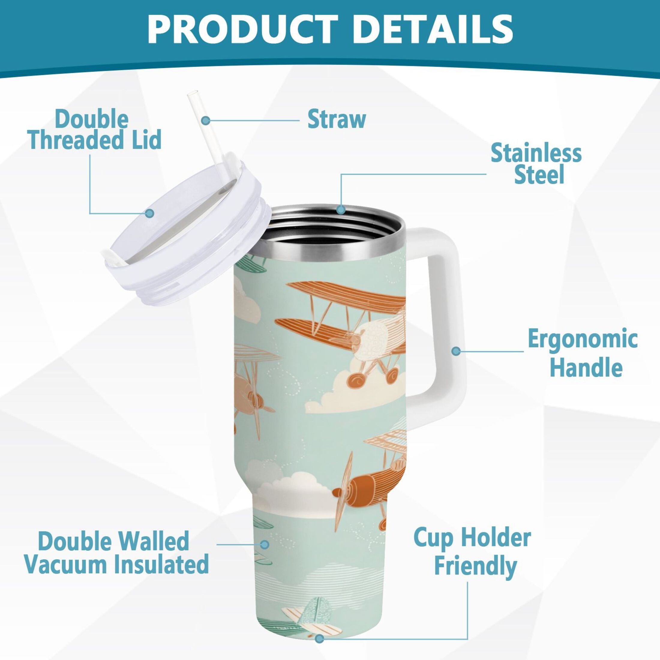 40 oz Insulated Stainless Steel Tumbler Double Wall Stainless Steel Tumbler with 2-Way Drinking Cute Airplanes C647Q