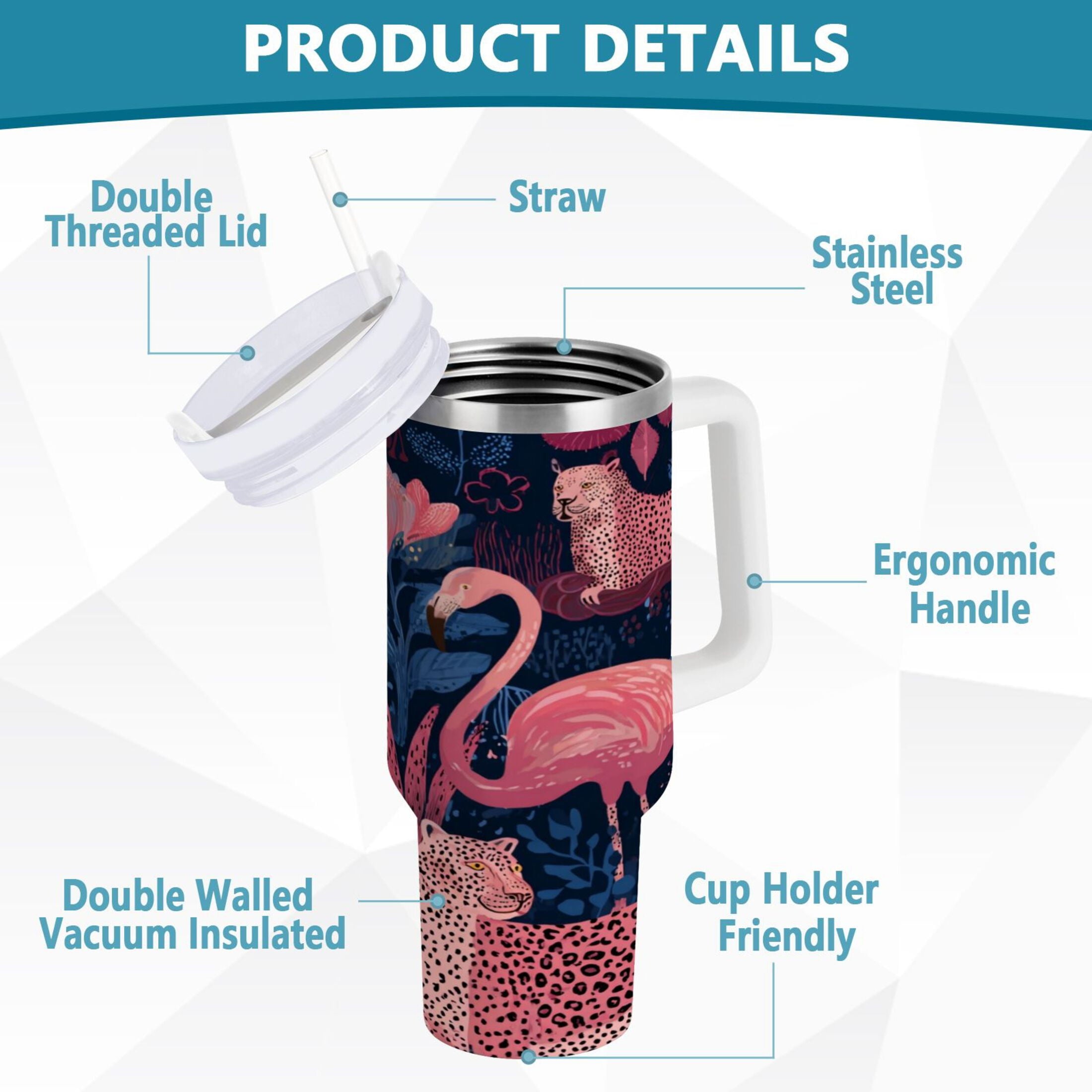 30 oz Insulated Stainless Steel Tumbler Double Wall Stainless Steel Tumbler with 2-Way Drinking Flamingos and Leopard Print C568Z