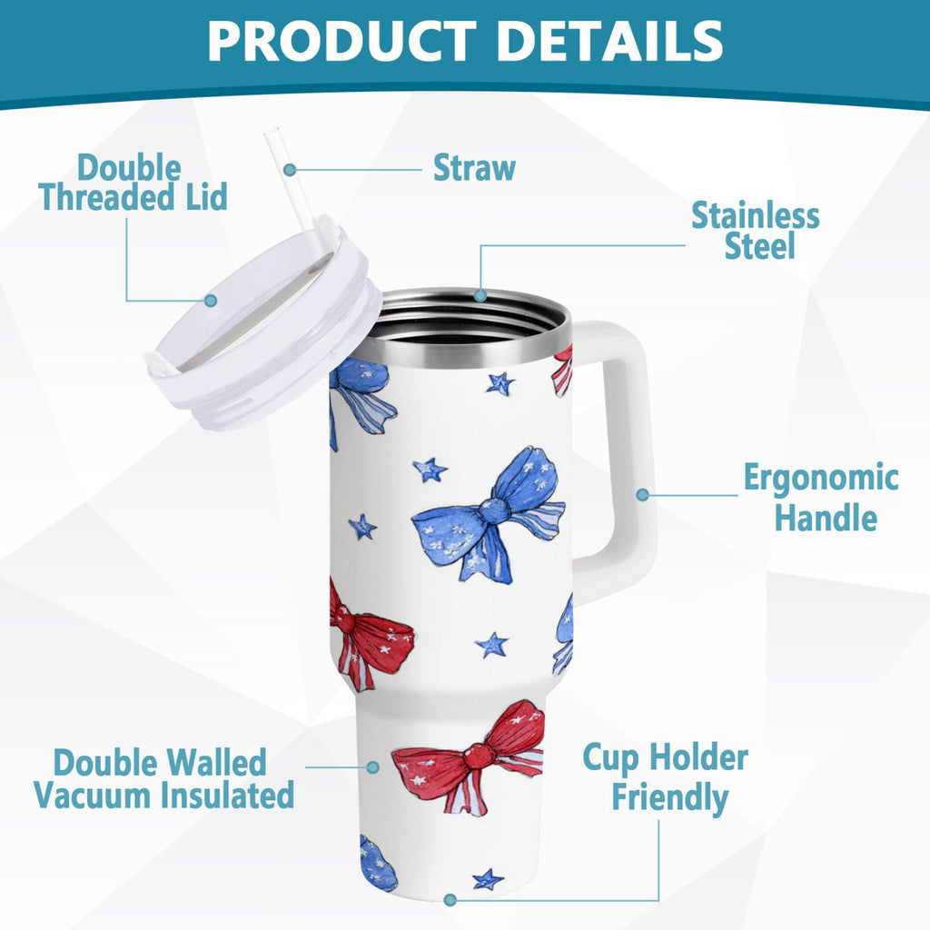 40 oz Insulated Stainless Steel Tumbler Double Wall Stainless Steel Tumbler with 2-Way Drinking Hand-drawn Bows C587X