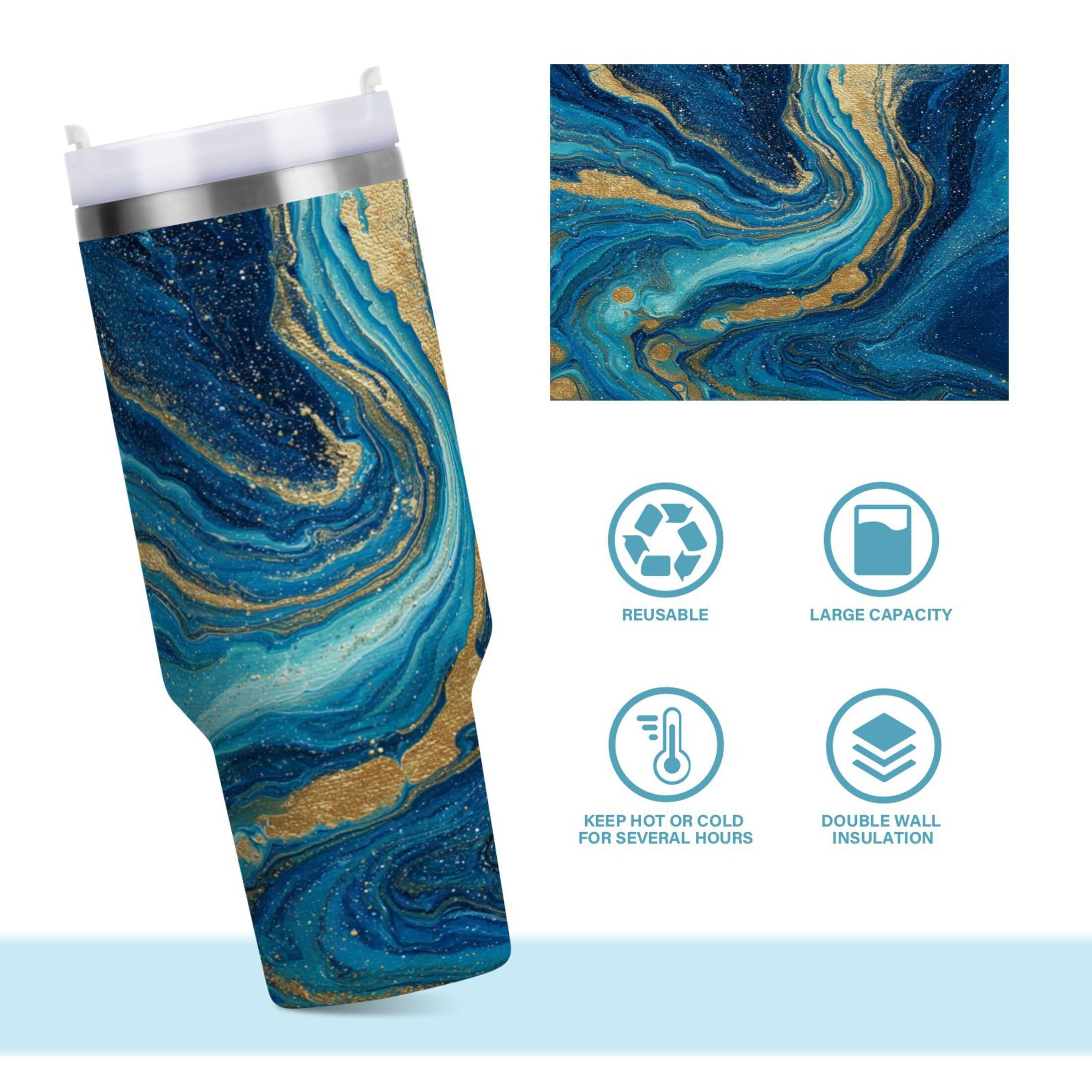 30 oz Insulated Stainless Steel Tumbler Double Wall Stainless Steel Tumbler with 2-Way Drinking Blue and Gold Ocean C507U