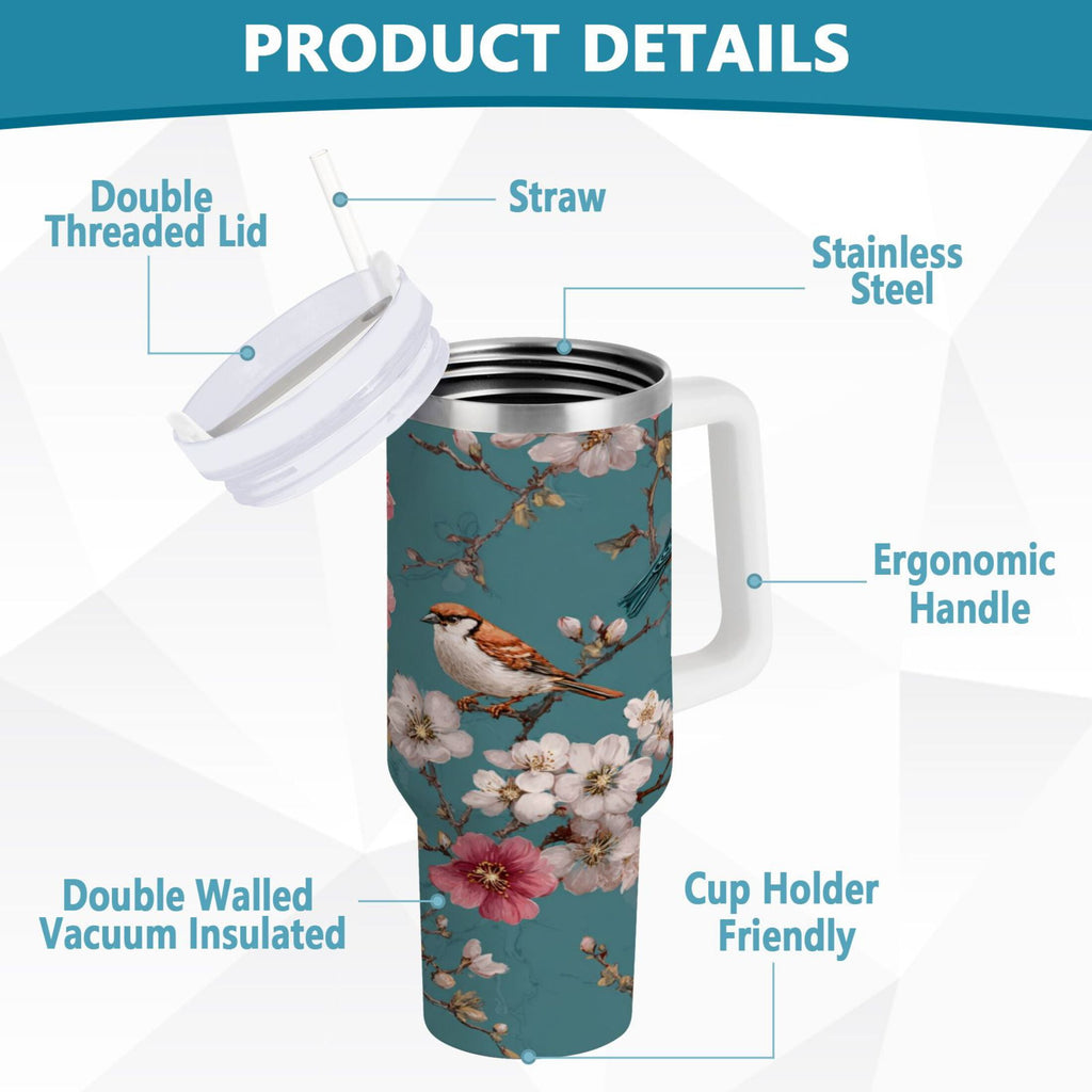 30 oz Insulated Stainless Steel Tumbler Double Wall Stainless Steel Tumbler with 2-Way Drinking Birds and Cherry Pattern C537A