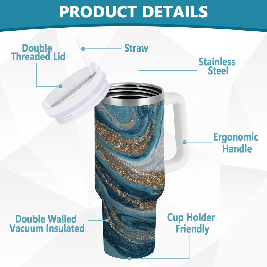 30 oz Insulated Stainless Steel Tumbler Double Wall Stainless Steel Tumbler with 2-Way Drinking Blue and Gold Swirling C497Z
