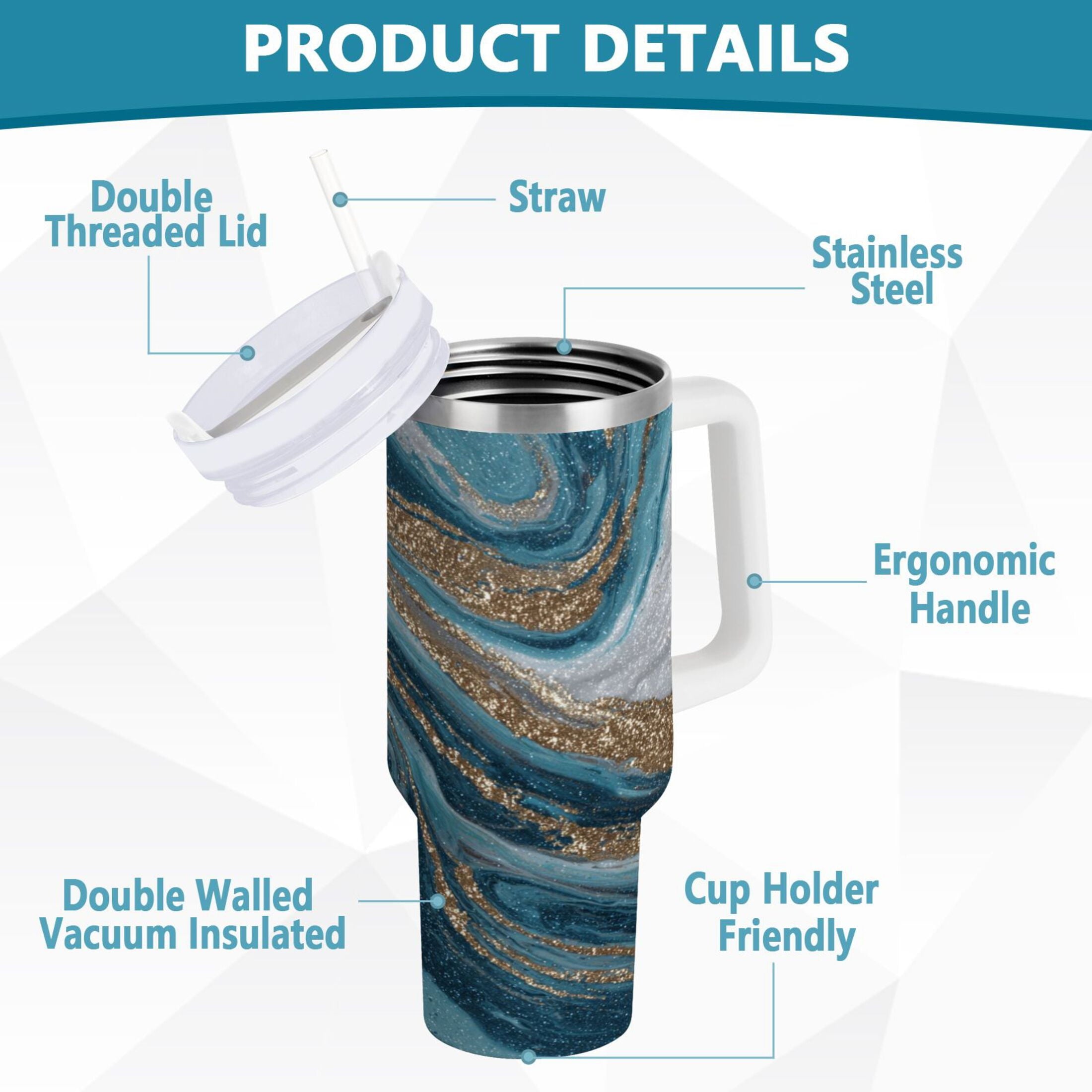 30 oz Insulated Stainless Steel Tumbler Double Wall Stainless Steel Tumbler with 2-Way Drinking Blue and Gold Swirling C497Z