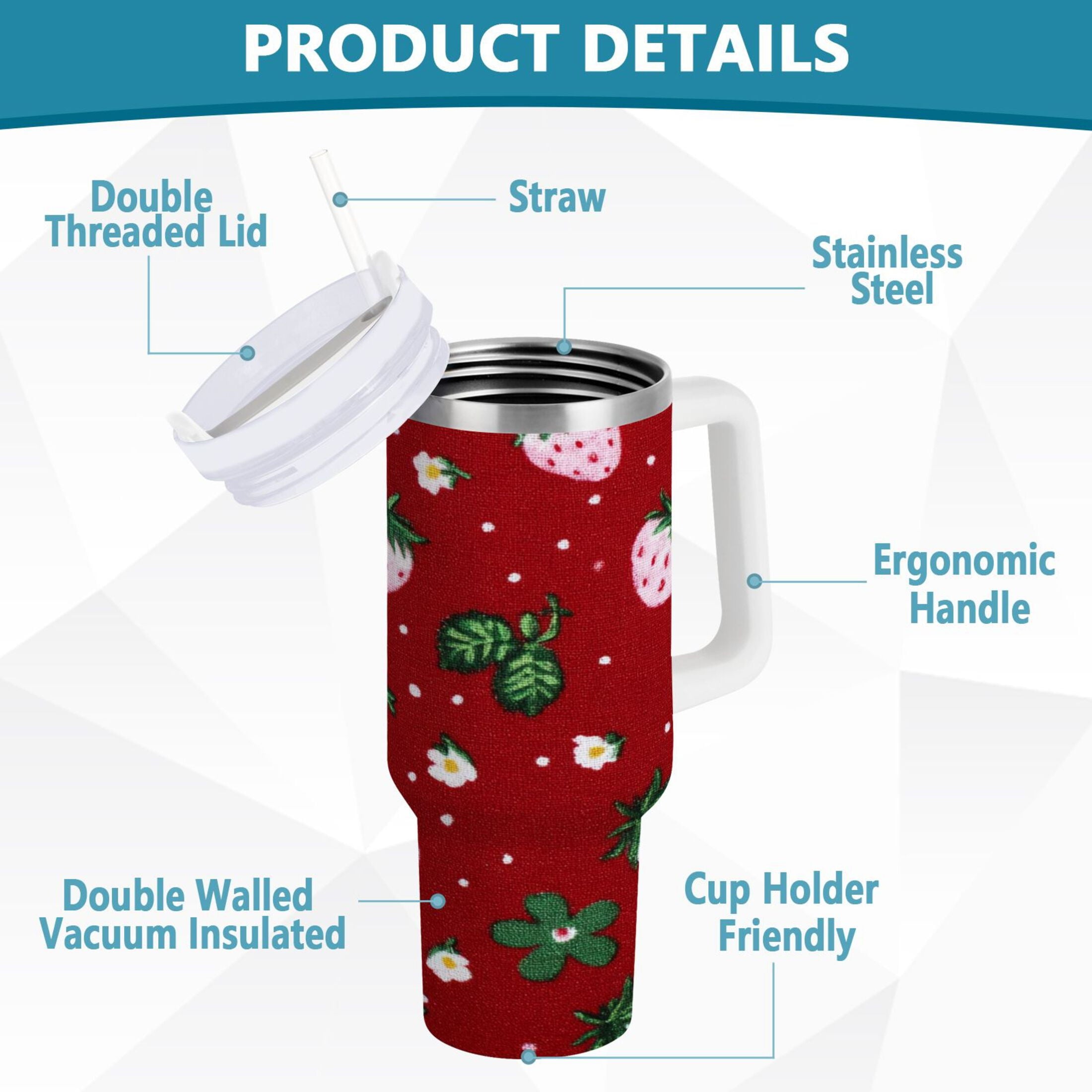 30 oz Insulated Stainless Steel Tumbler Double Wall Stainless Steel Tumbler with 2-Way Drinking Cute Pink Strawberry Pattern C630M