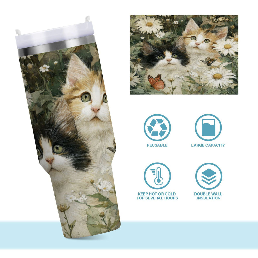 30 oz Insulated Stainless Steel Tumbler Double Wall Stainless Steel Tumbler with 2-Way Drinking Adorable Cats and Daisies C602Z