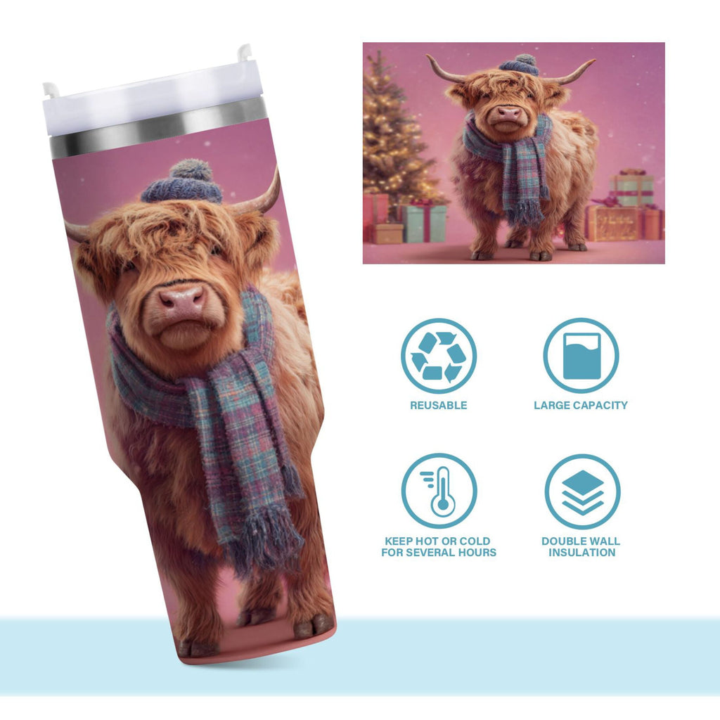 30 oz Insulated Stainless Steel Tumbler Double Wall Stainless Steel Tumbler with 2-Way Drinking Cow Wearing Christmas C626R