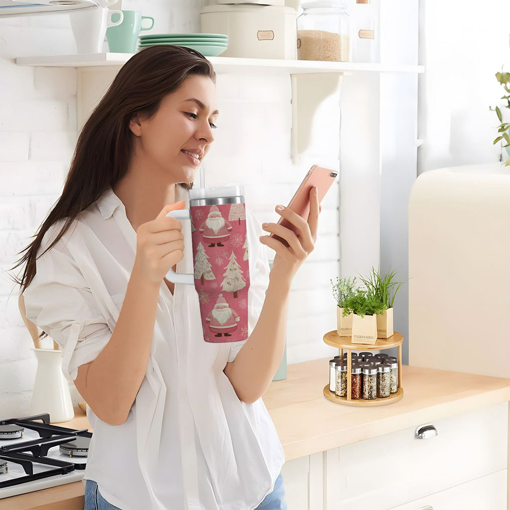 40 oz Insulated Stainless Steel Tumbler Double Wall Stainless Steel Tumbler with 2-Way Drinking Pink Santa Claus Pattern C527Z