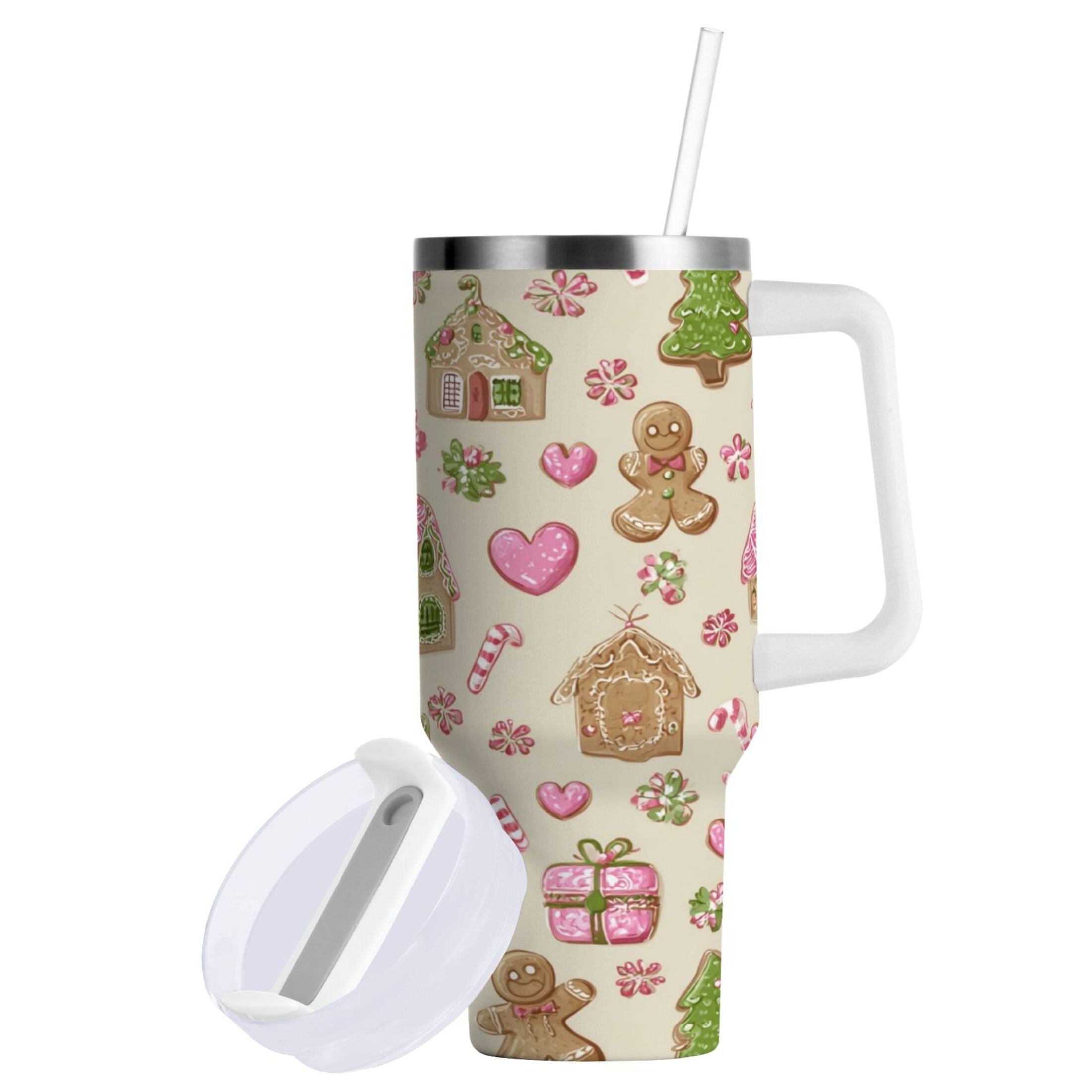 40 oz Insulated Stainless Steel Tumbler Double Wall Stainless Steel Tumbler with 2-Way Drinking Pink Cute Christmas Pattern C564G