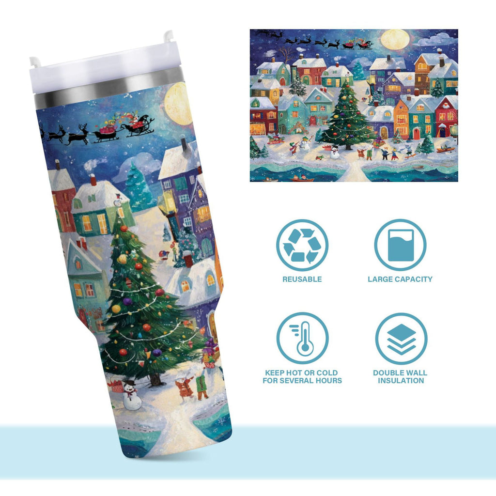 30 oz Insulated Stainless Steel Tumbler Double Wall Stainless Steel Tumbler with 2-Way Drinking Charming Christmas Scene C546M