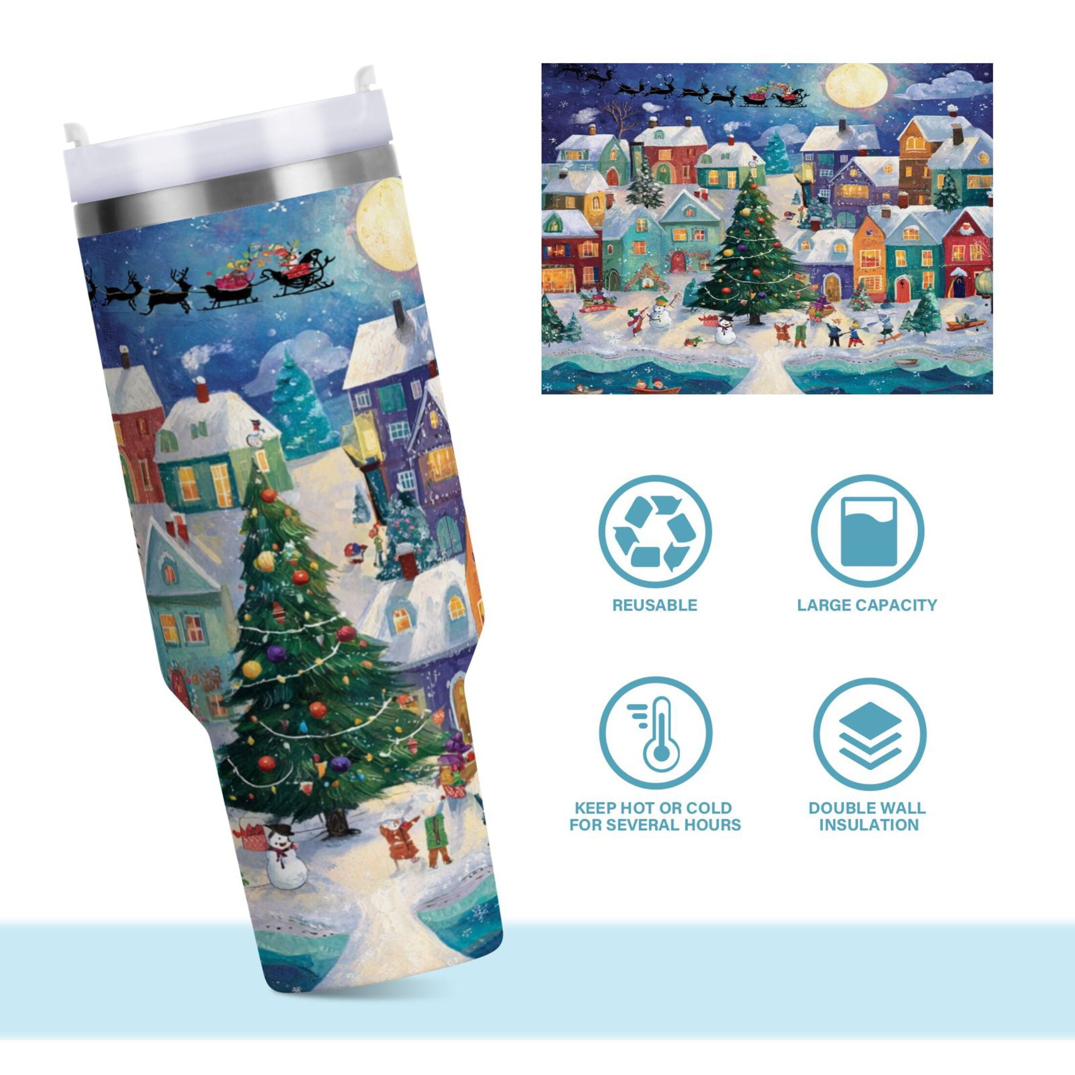 30 oz Insulated Stainless Steel Tumbler Double Wall Stainless Steel Tumbler with 2-Way Drinking Charming Christmas Scene C546M