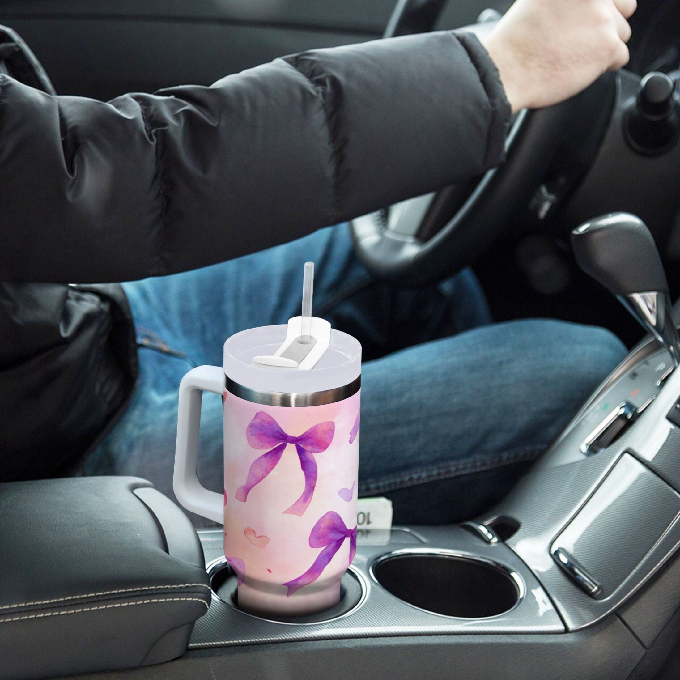 30 oz Insulated Stainless Steel Tumbler Double Wall Stainless Steel Tumbler with 2-Way Drinking Watercolor Purple Bows C591F