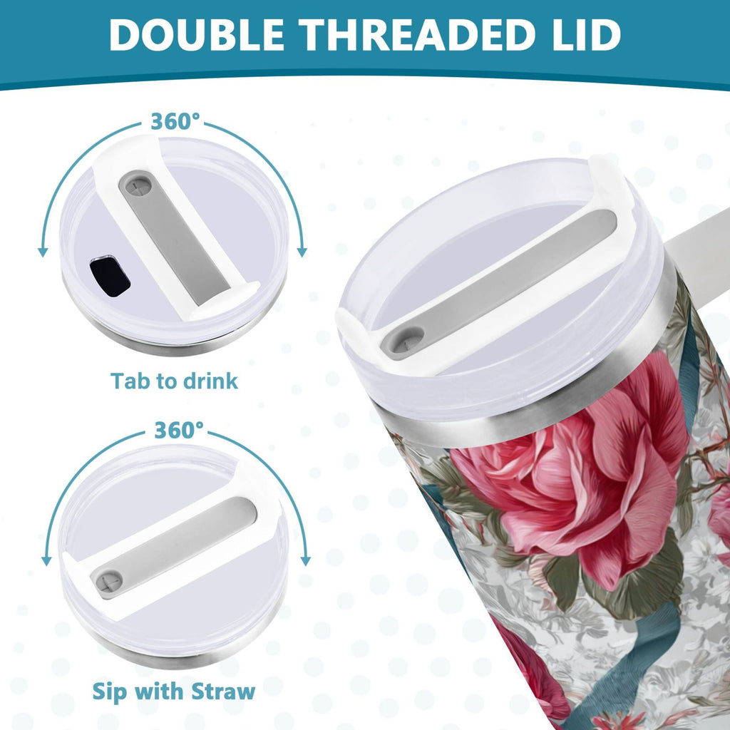 30 oz Insulated Stainless Steel Tumbler Double Wall Stainless Steel Tumbler with 2-Way Drinking Roses and Ribbons C675U