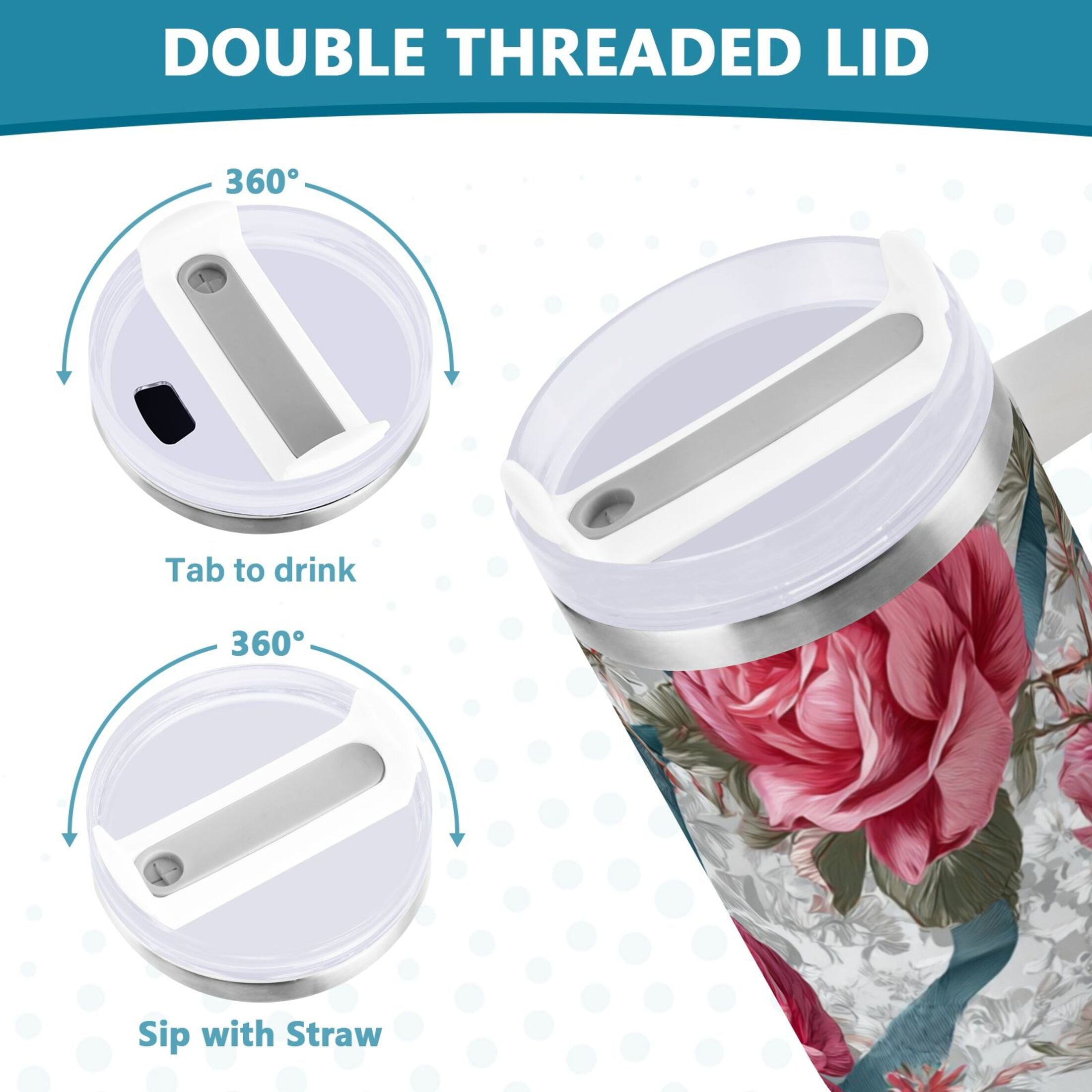 30 oz Insulated Stainless Steel Tumbler Double Wall Stainless Steel Tumbler with 2-Way Drinking Roses and Ribbons C675U