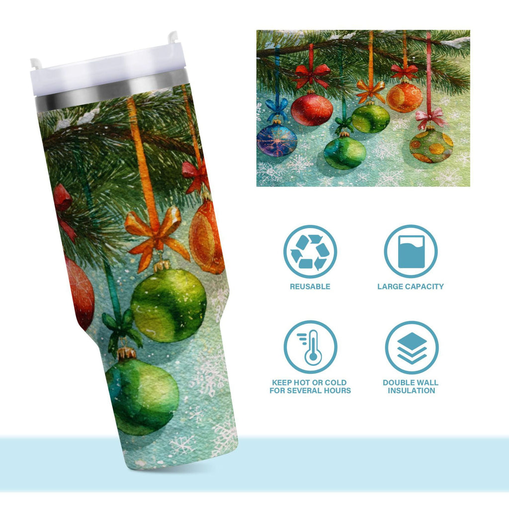 30 oz Insulated Stainless Steel Tumbler Double Wall Stainless Steel Tumbler with 2-Way Drinking Christmas Ornaments Watercolor Painting C639H