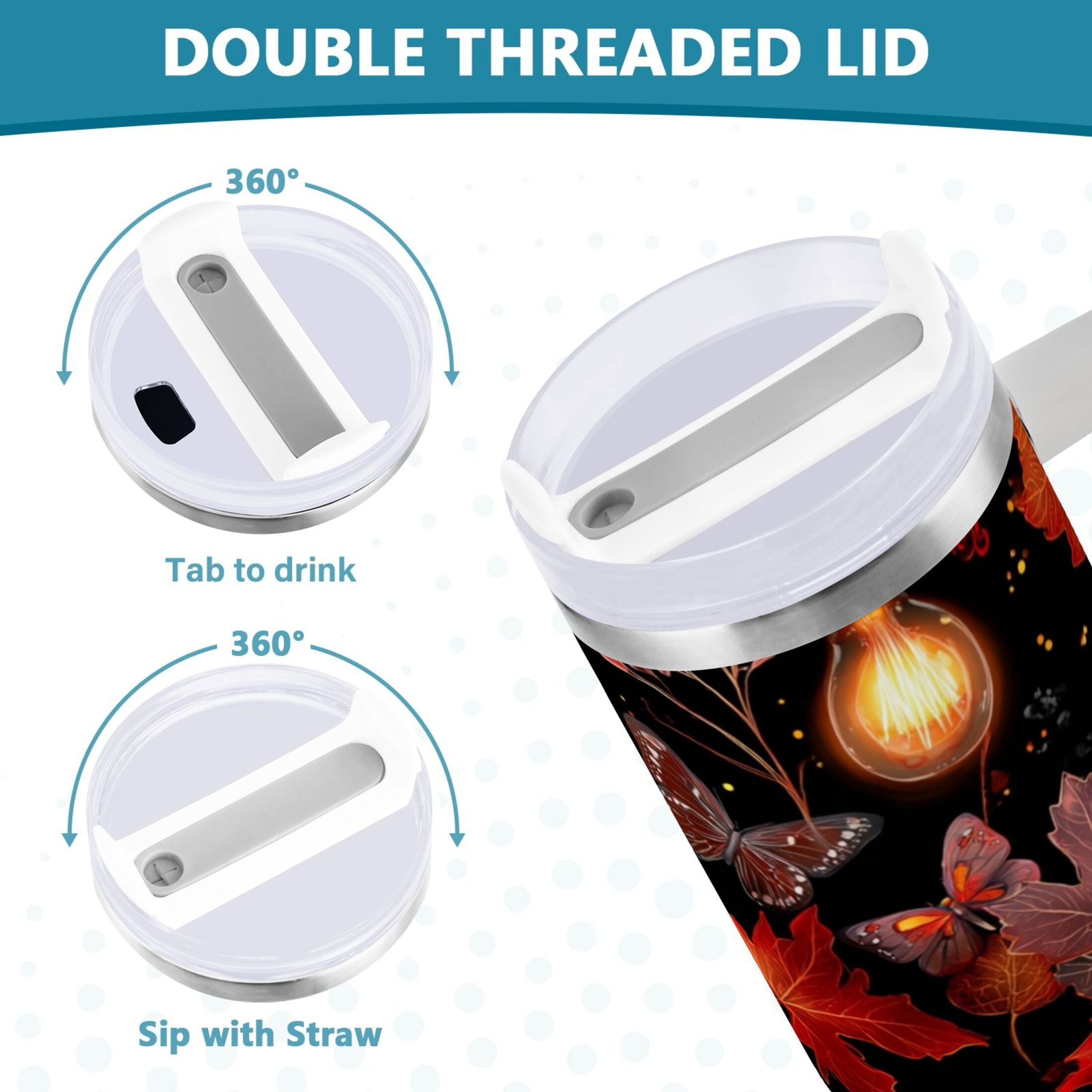 40 oz Insulated Stainless Steel Tumbler Double Wall Stainless Steel Tumbler with 2-Way Drinking Light Bulbs and Maple Leaves C534H