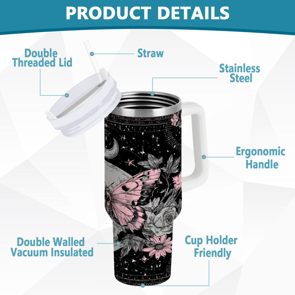 30 oz Insulated Stainless Steel Tumbler Double Wall Stainless Steel Tumbler with 2-Way Drinking Butterfly by Moon and Flowers C542H