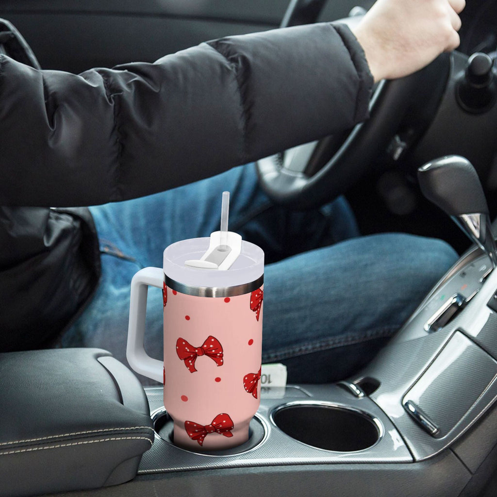 40 oz Insulated Stainless Steel Tumbler Double Wall Stainless Steel Tumbler with 2-Way Drinking Red Bows and Polka Dots C531W