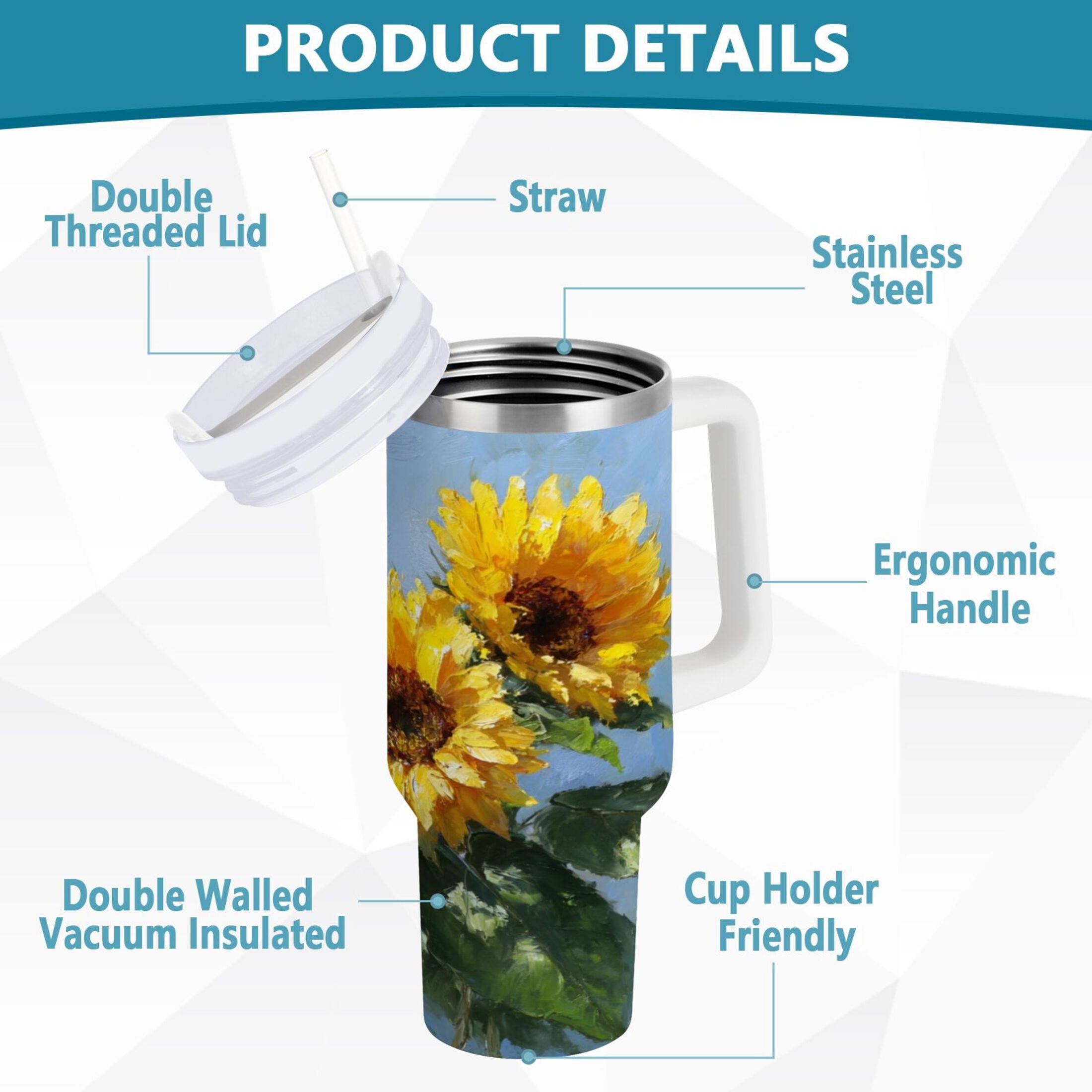 40 oz Insulated Stainless Steel Tumbler Double Wall Stainless Steel Tumbler with 2-Way Drinking Sunflowers Painting C611Q