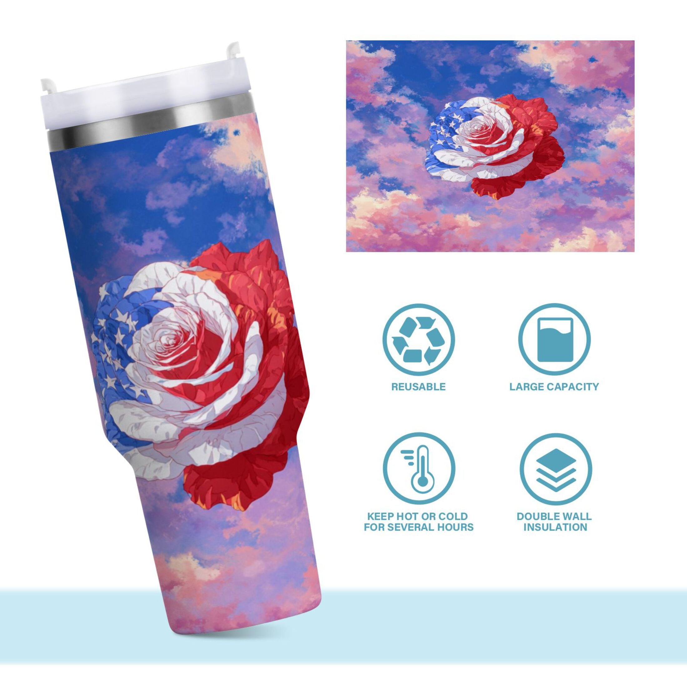 30 oz Insulated Stainless Steel Tumbler Double Wall Stainless Steel Tumbler with 2-Way Drinking Rose with Flag Pattern C547E