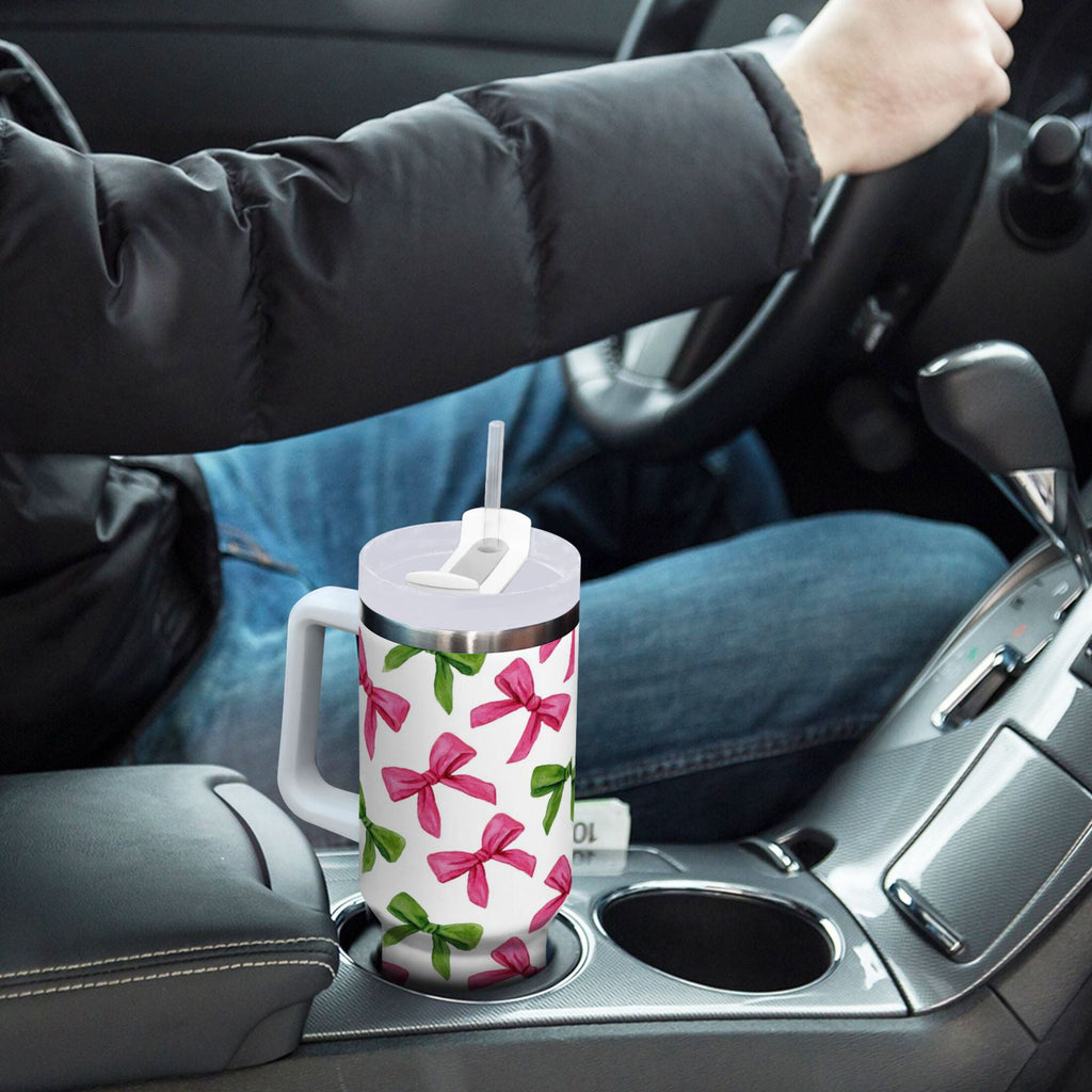 30 oz Insulated Stainless Steel Tumbler Double Wall Stainless Steel Tumbler with 2-Way Drinking Pink Bows and Green Ribbons C649W