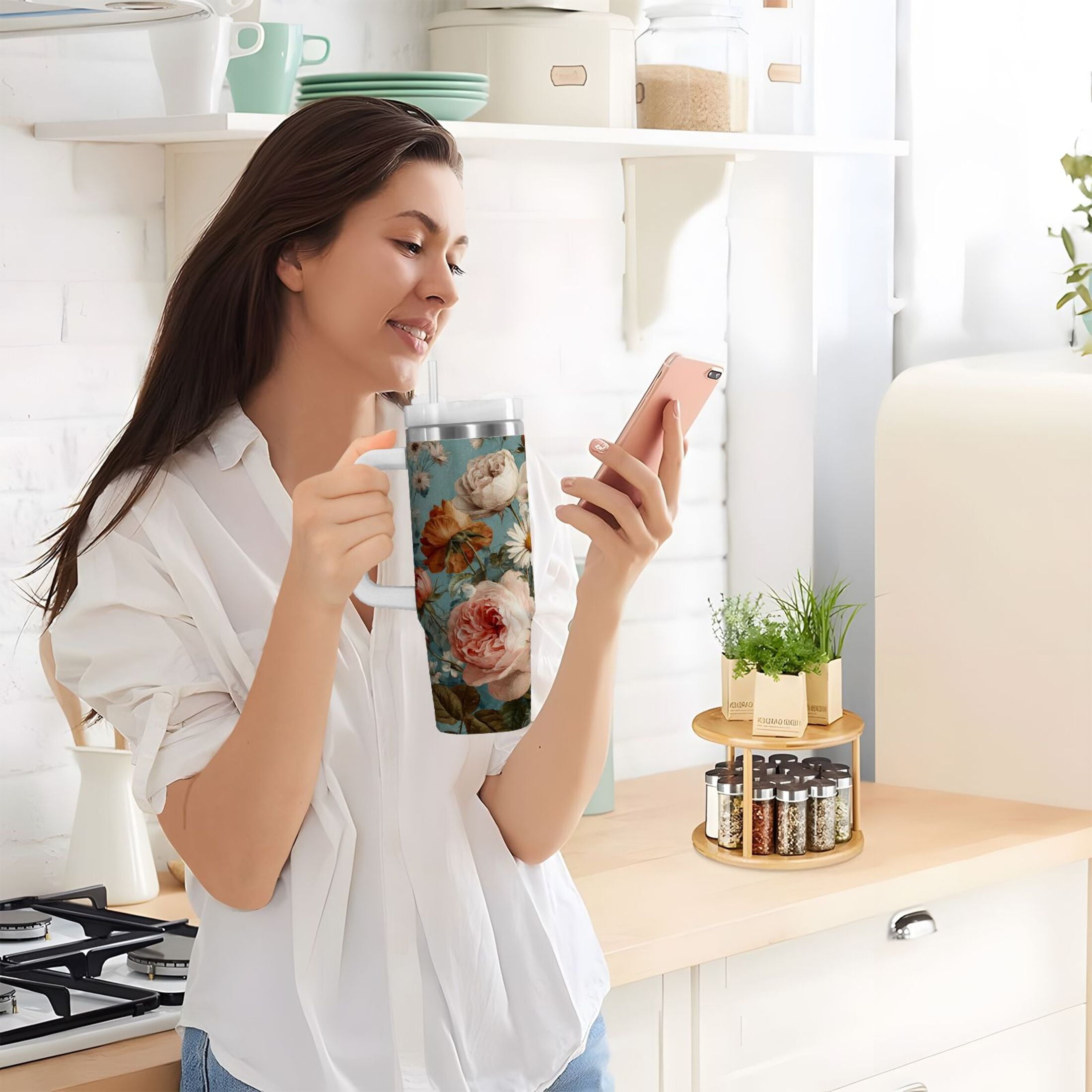 30 oz Insulated Stainless Steel Tumbler Double Wall Stainless Steel Tumbler with 2-Way Drinking Vintage Roses and Peonies C667T