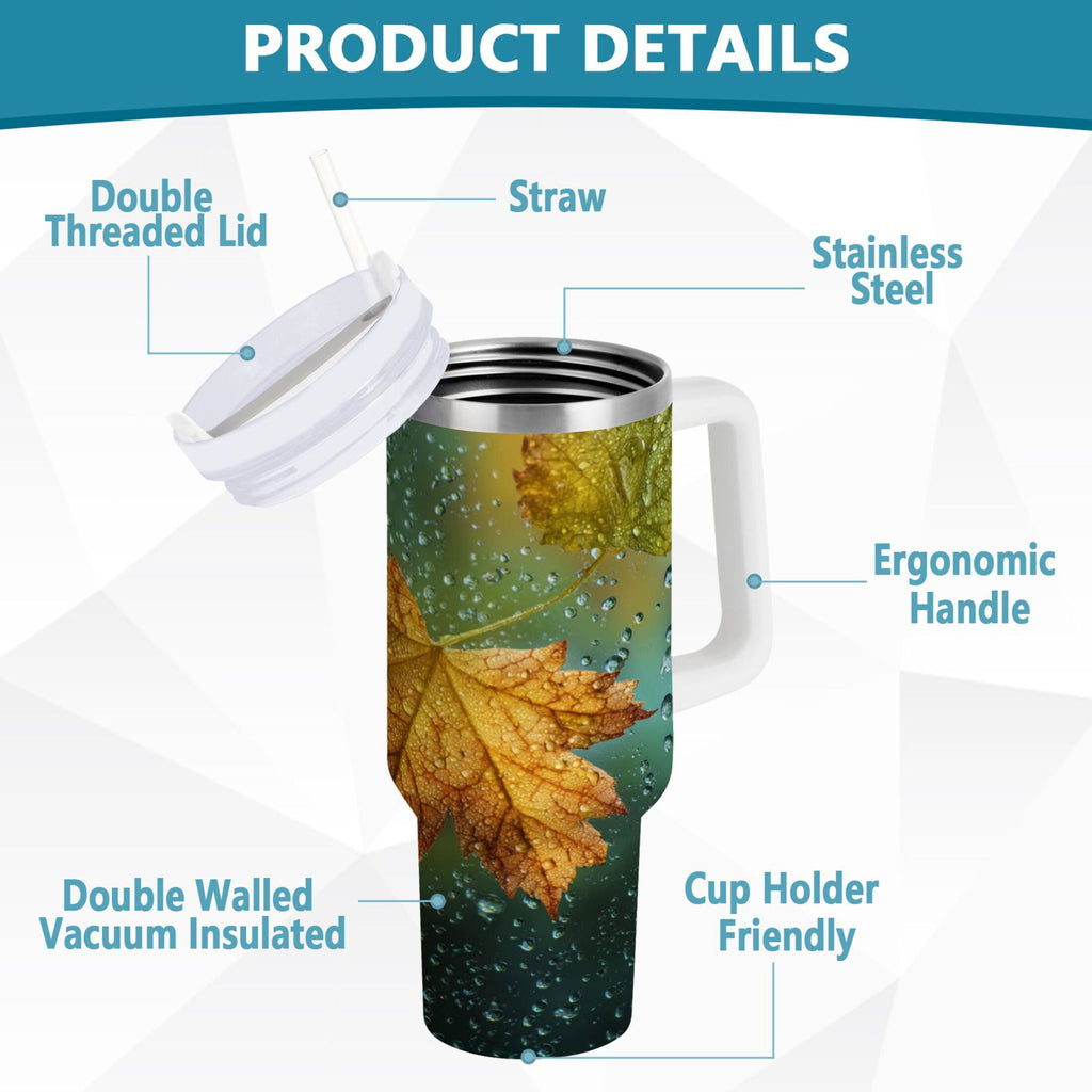 30 oz Insulated Stainless Steel Tumbler Double Wall Stainless Steel Tumbler with 2-Way Drinking Leaves with Water Droplets C500B