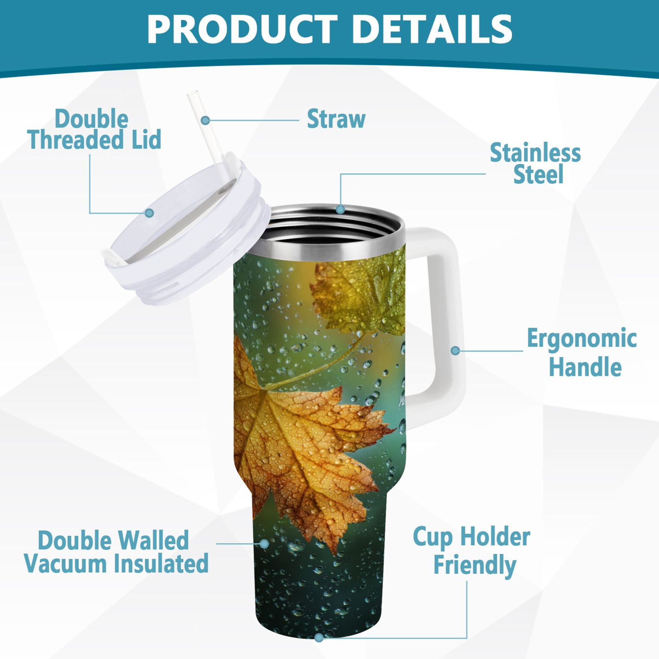 30 oz Insulated Stainless Steel Tumbler Double Wall Stainless Steel Tumbler with 2-Way Drinking Leaves with Water Droplets C500B
