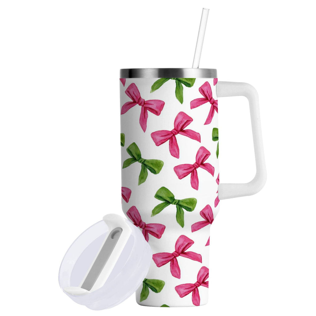 30 oz Insulated Stainless Steel Tumbler Double Wall Stainless Steel Tumbler with 2-Way Drinking Pink Bows and Green Ribbons C649W