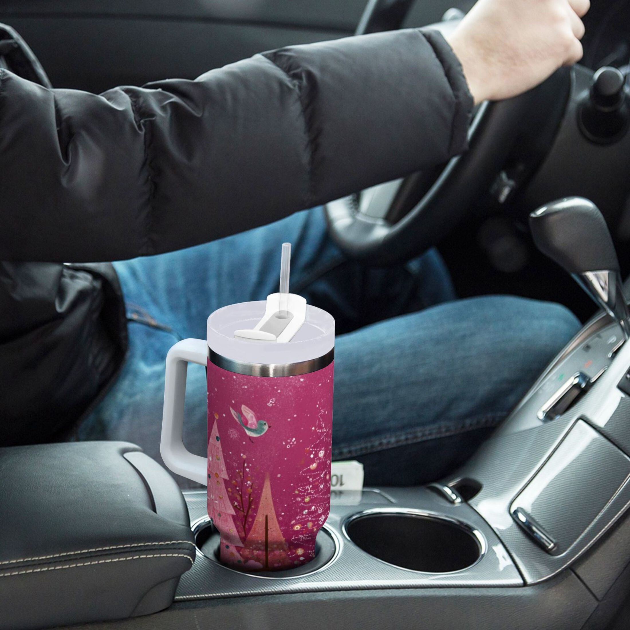 40 oz Insulated Stainless Steel Tumbler Double Wall Stainless Steel Tumbler with 2-Way Drinking Pink Christmas Forest C512S