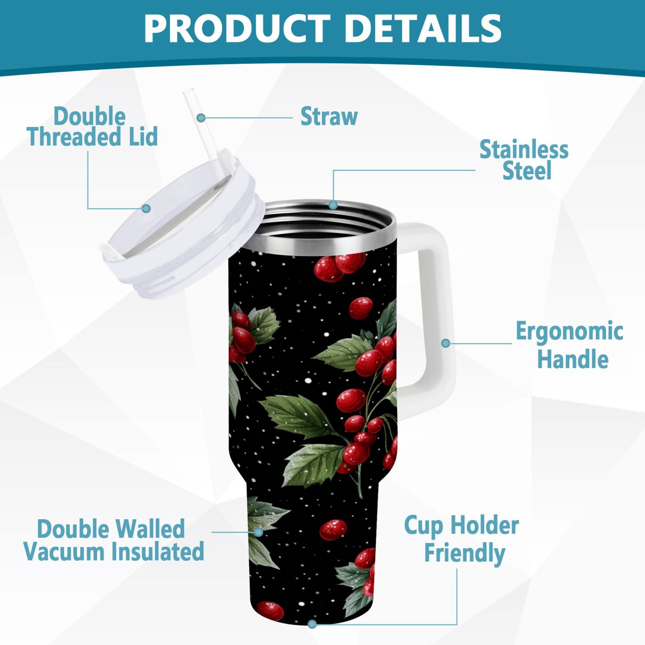 40 oz Insulated Stainless Steel Tumbler Double Wall Stainless Steel Tumbler with 2-Way Drinking Red Holly Berries Pattern C652E