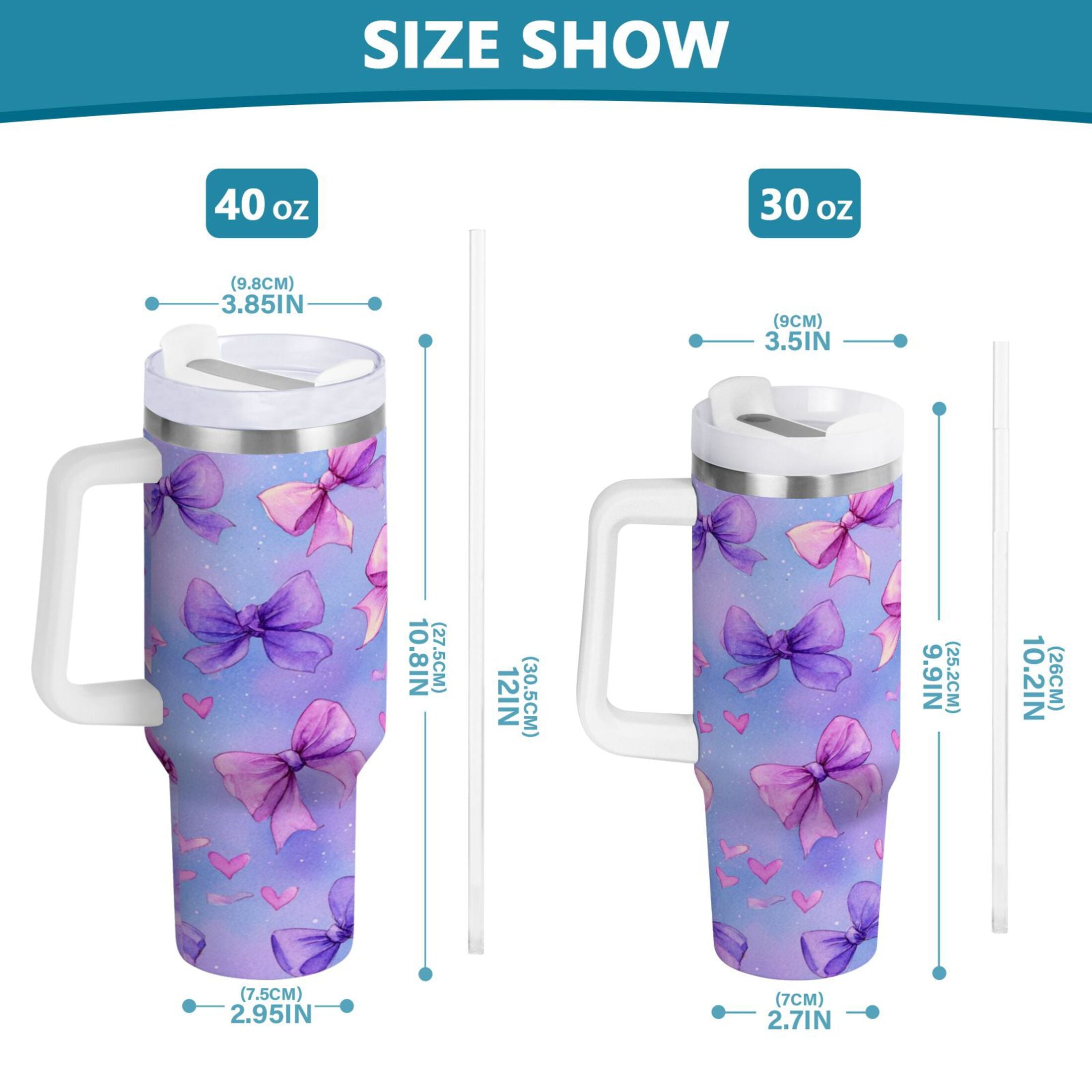30 oz Insulated Stainless Steel Tumbler Double Wall Stainless Steel Tumbler with 2-Way Drinking Watercolor Bows Pattern C627X