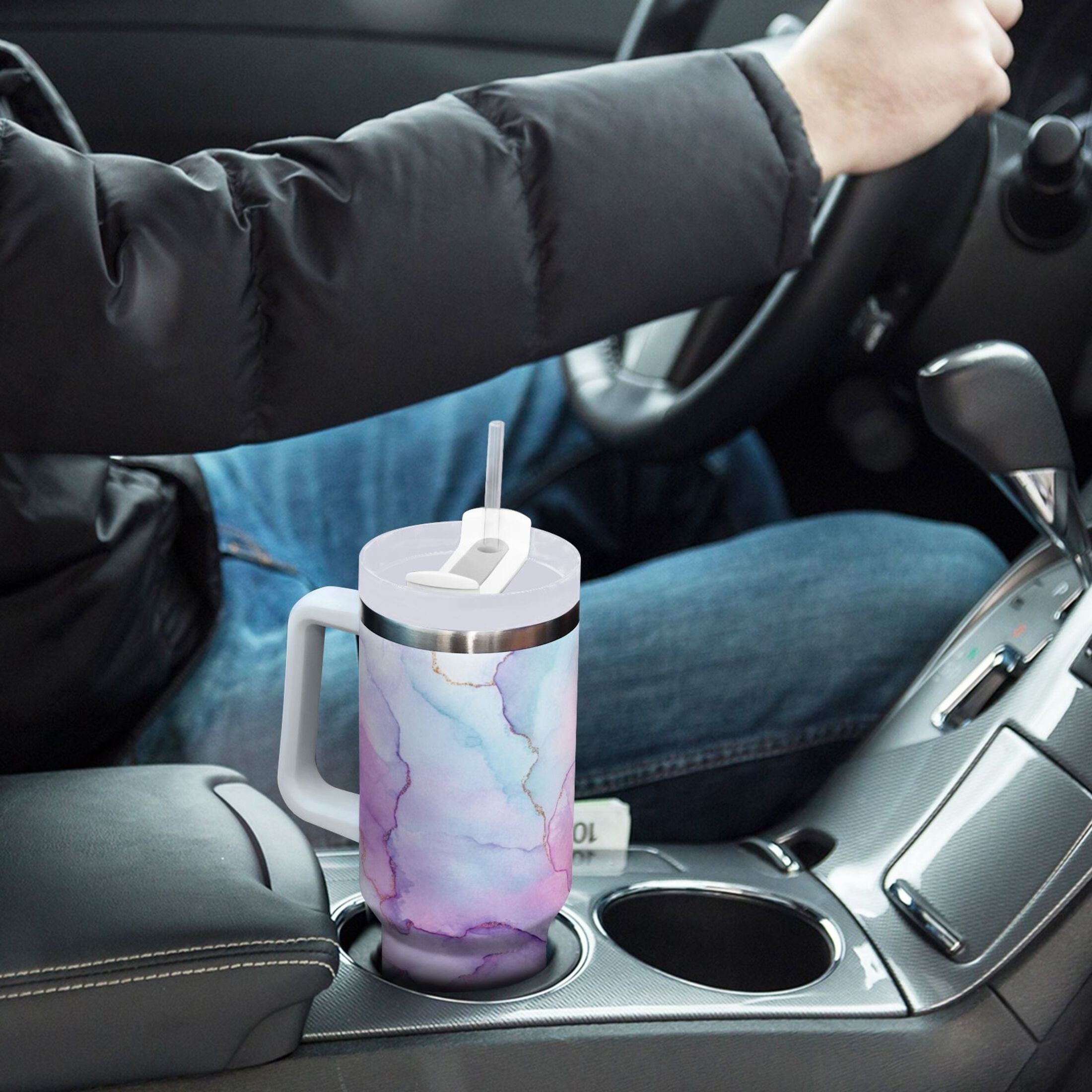 30 oz Insulated Stainless Steel Tumbler Double Wall Stainless Steel Tumbler with 2-Way Drinking Pastel Pink Marble Texture C614J