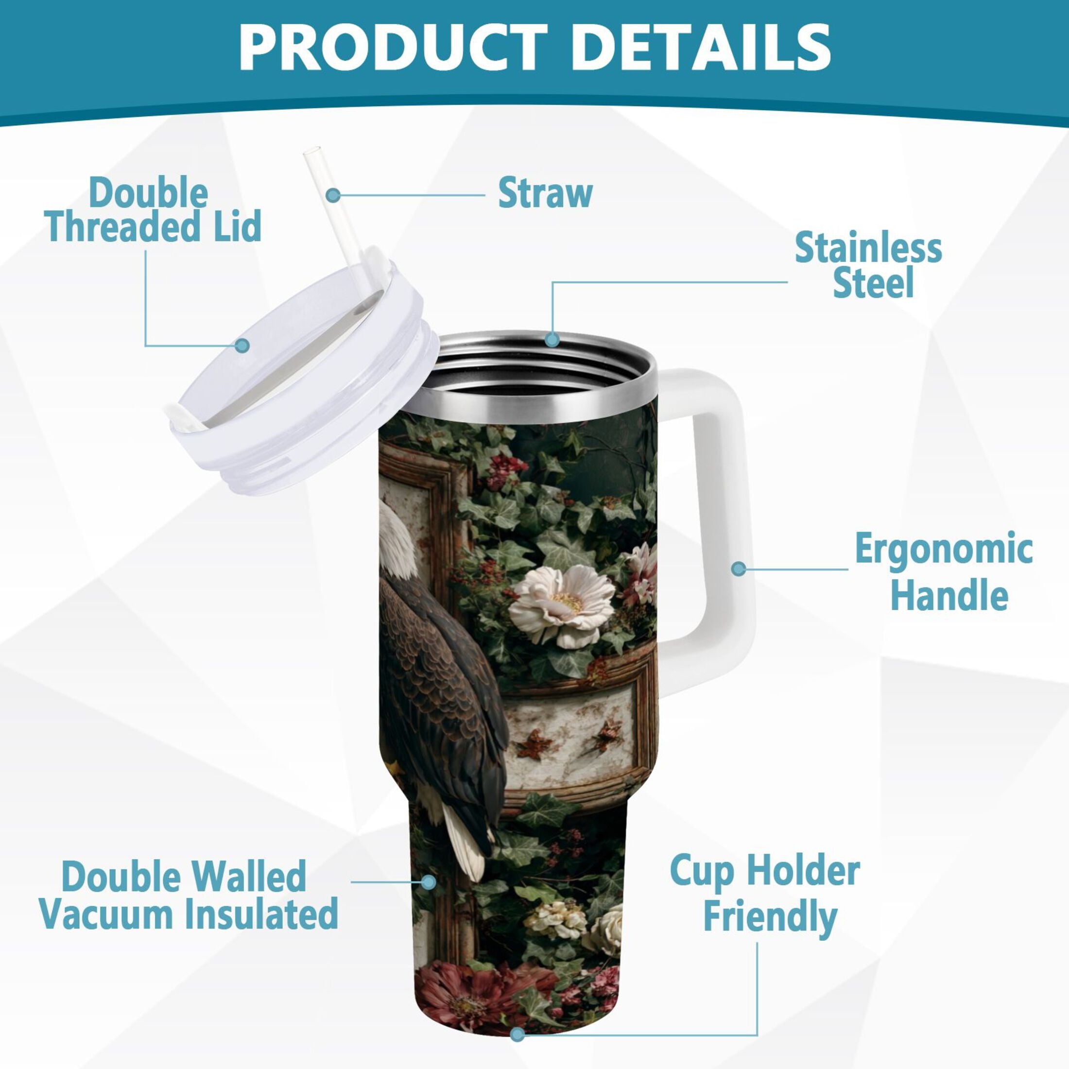 30 oz Insulated Stainless Steel Tumbler Double Wall Stainless Steel Tumbler with 2-Way Drinking Wreath and Bald Eagle C668F