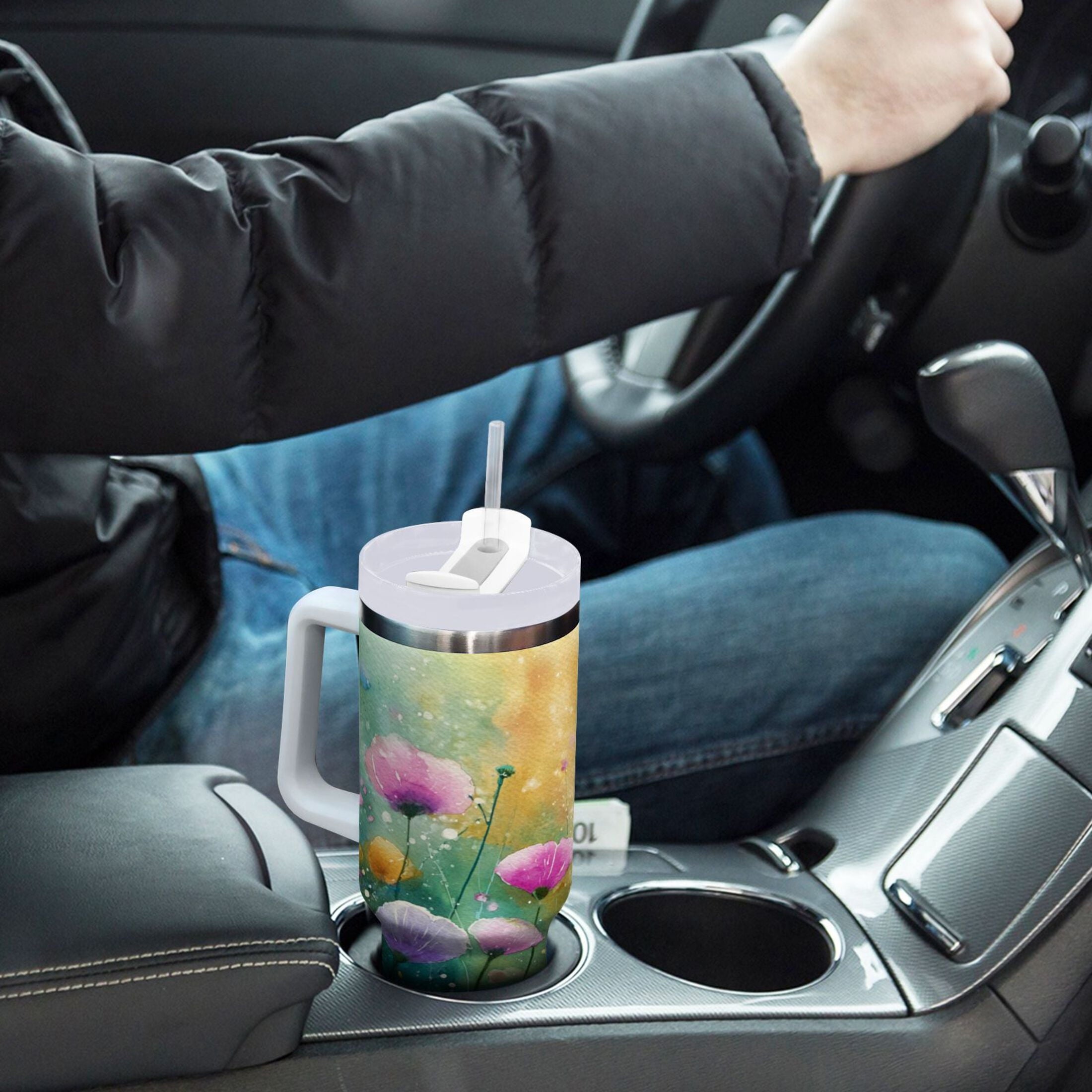 30 oz Insulated Stainless Steel Tumbler Double Wall Stainless Steel Tumbler with 2-Way Drinking Watercolor Wildflowers C563X