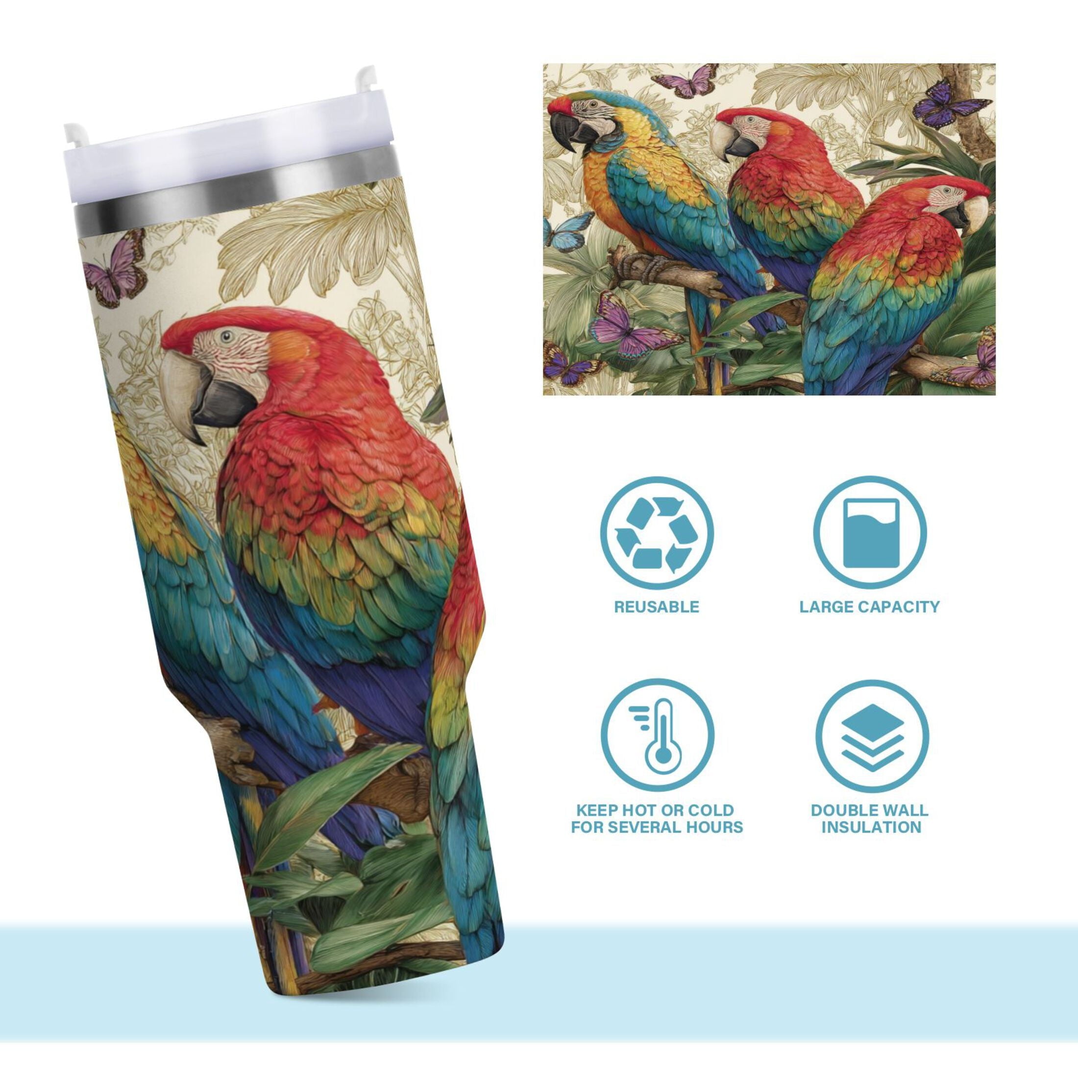 30 oz Insulated Stainless Steel Tumbler Double Wall Stainless Steel Tumbler with 2-Way Drinking Colorful Beautiful Parrots C520H