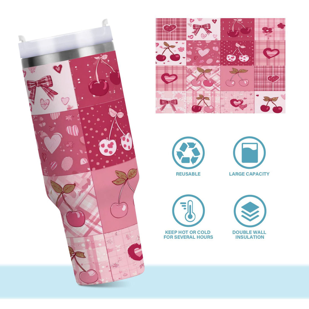 30 oz Insulated Stainless Steel Tumbler Double Wall Stainless Steel Tumbler with 2-Way Drinking Cherry Pattern with Bows C634X