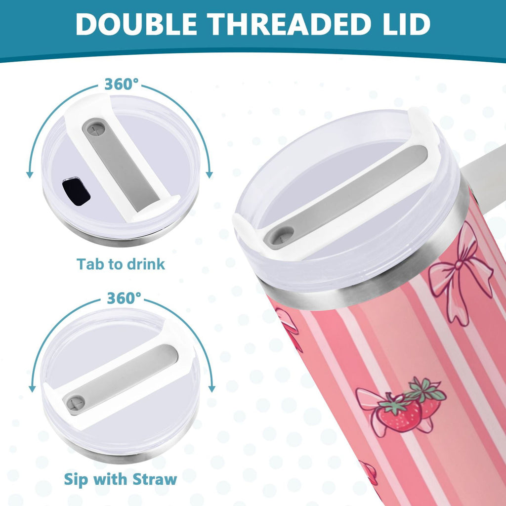 30 oz Insulated Stainless Steel Tumbler Double Wall Stainless Steel Tumbler with 2-Way Drinking Pink Bows and Strawberries C628Y