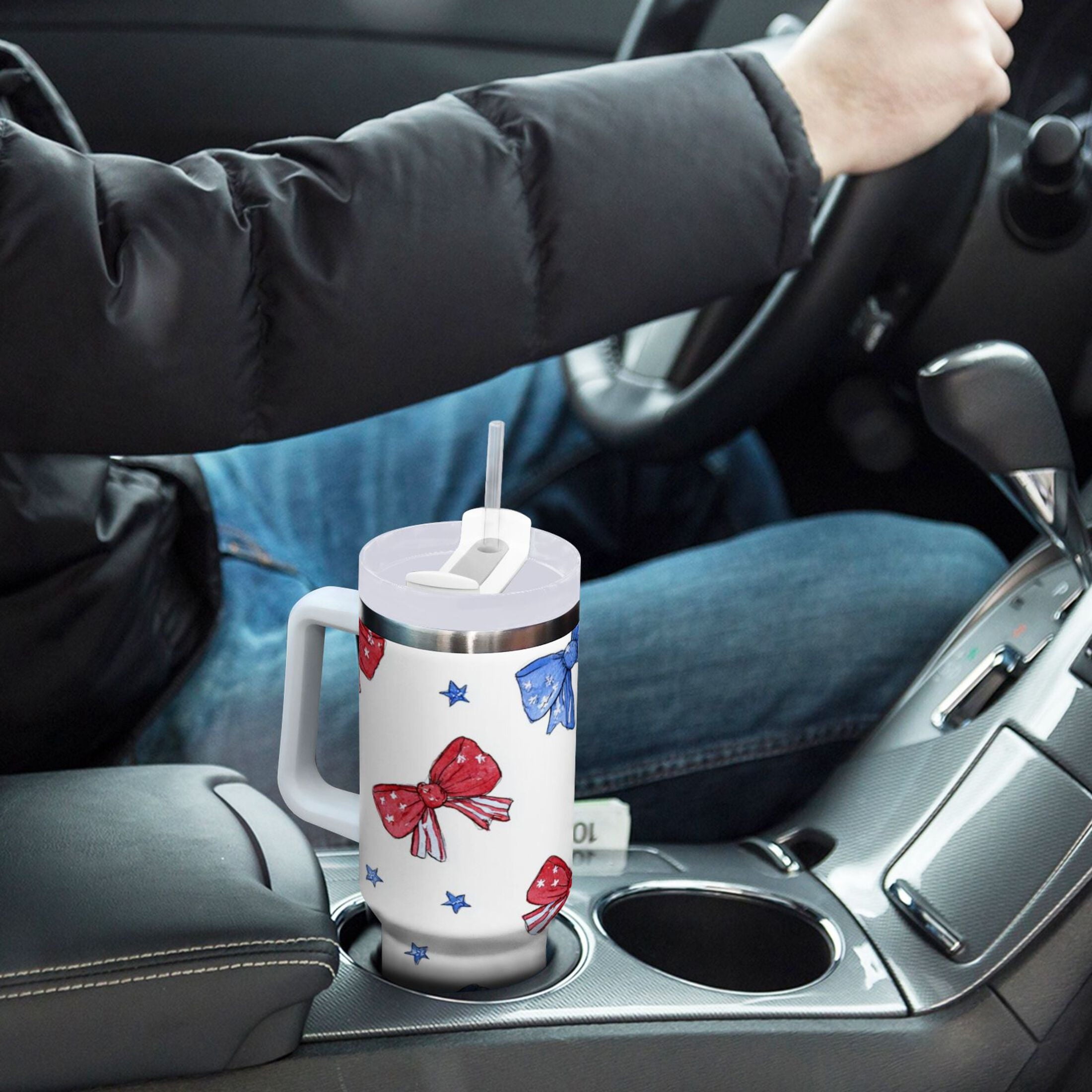 40 oz Insulated Stainless Steel Tumbler Double Wall Stainless Steel Tumbler with 2-Way Drinking Hand-drawn Bows C587X