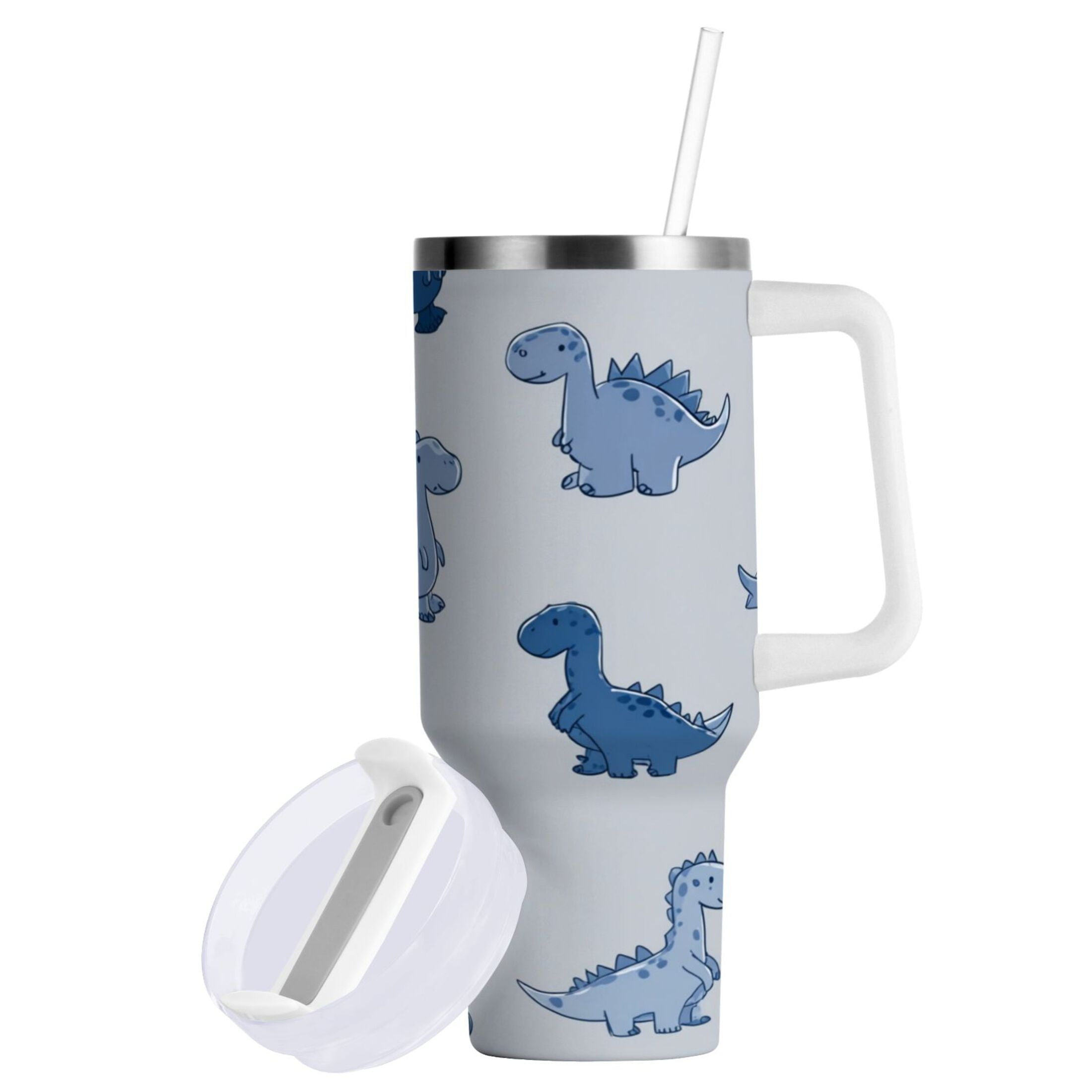 30 oz Insulated Stainless Steel Tumbler Double Wall Stainless Steel Tumbler with 2-Way Drinking Cute Blue Dinosaurs C580N