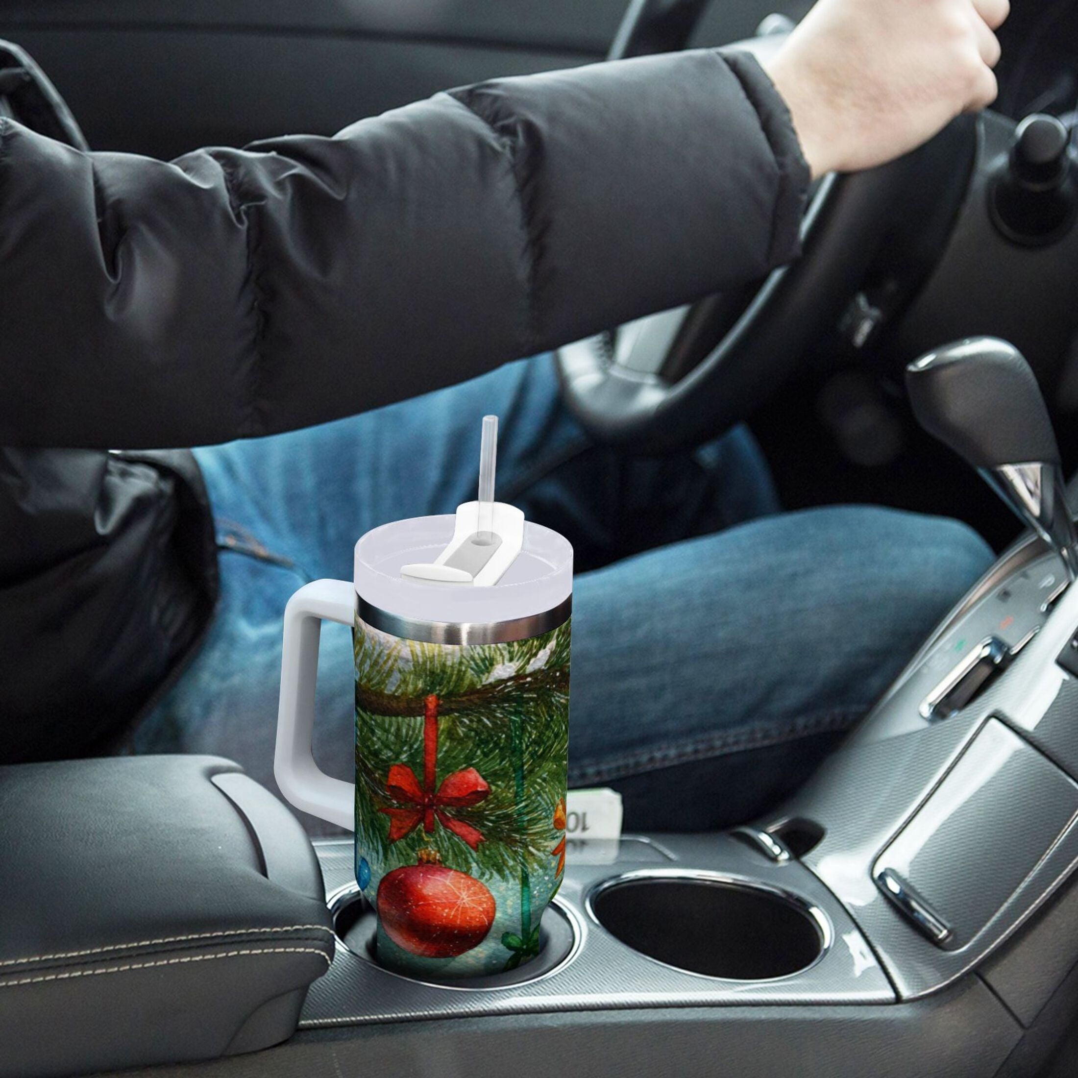 30 oz Insulated Stainless Steel Tumbler Double Wall Stainless Steel Tumbler with 2-Way Drinking Christmas Ornaments Watercolor Painting C639H