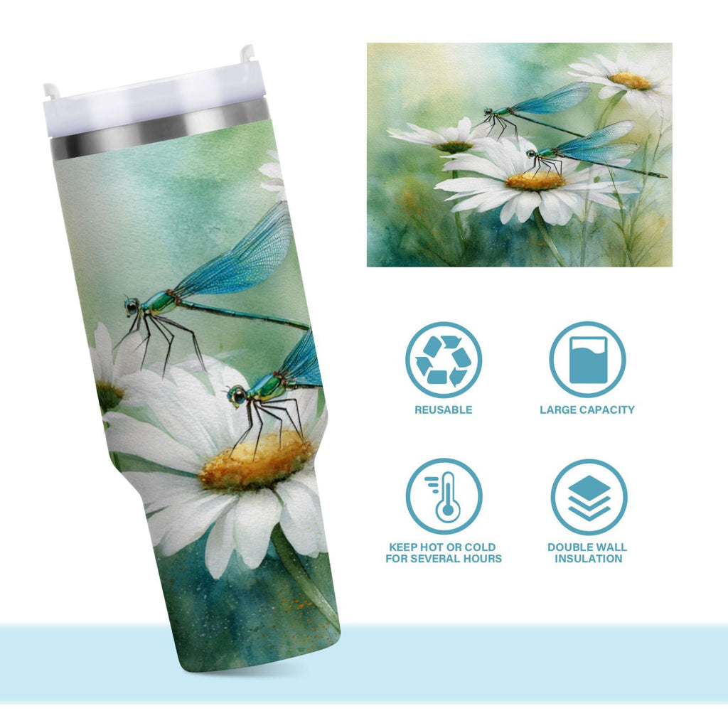 30 oz Insulated Stainless Steel Tumbler Double Wall Stainless Steel Tumbler with 2-Way Drinking Beautiful Dragonflies and Daisies C638S