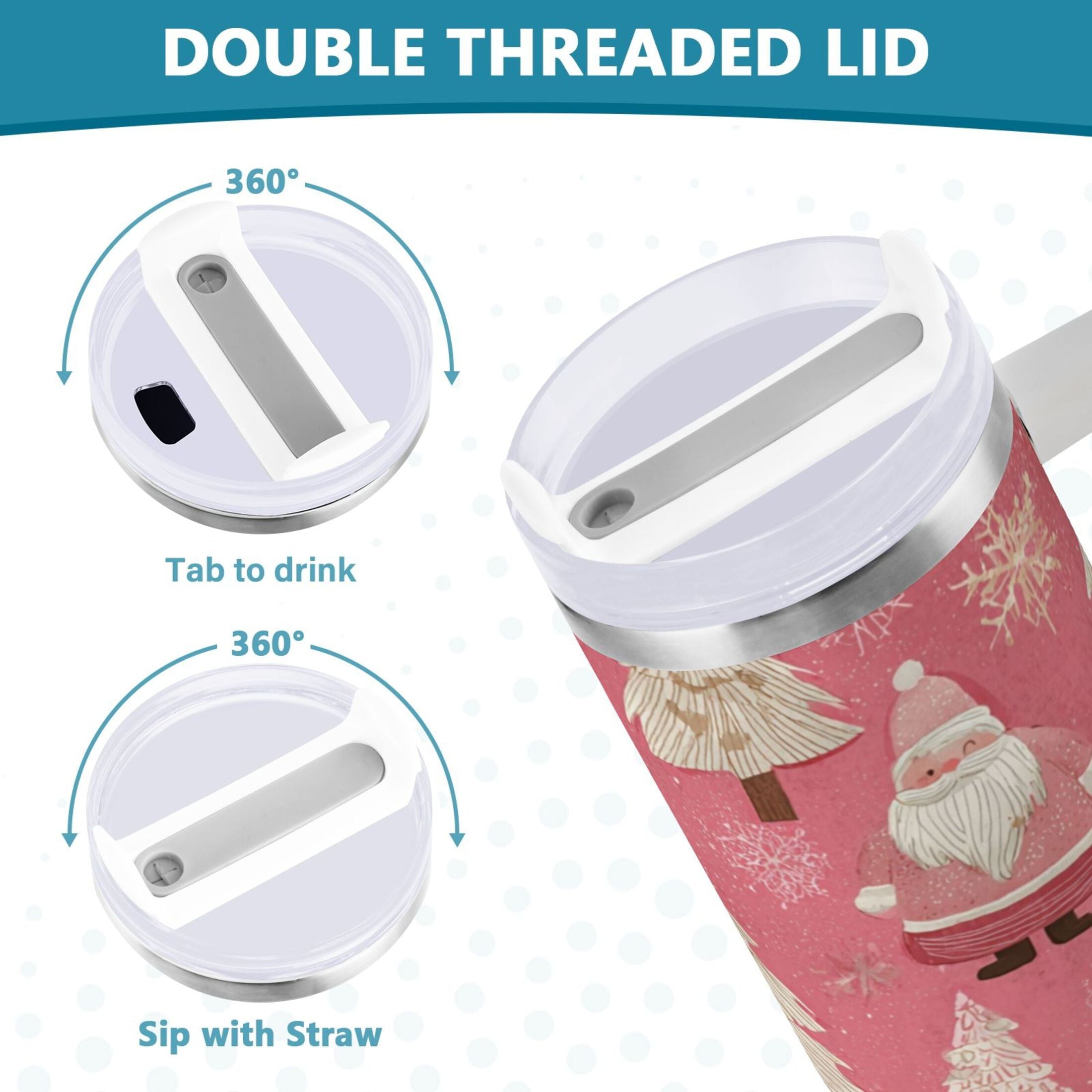 40 oz Insulated Stainless Steel Tumbler Double Wall Stainless Steel Tumbler with 2-Way Drinking Pink Santa Claus Pattern C527Z