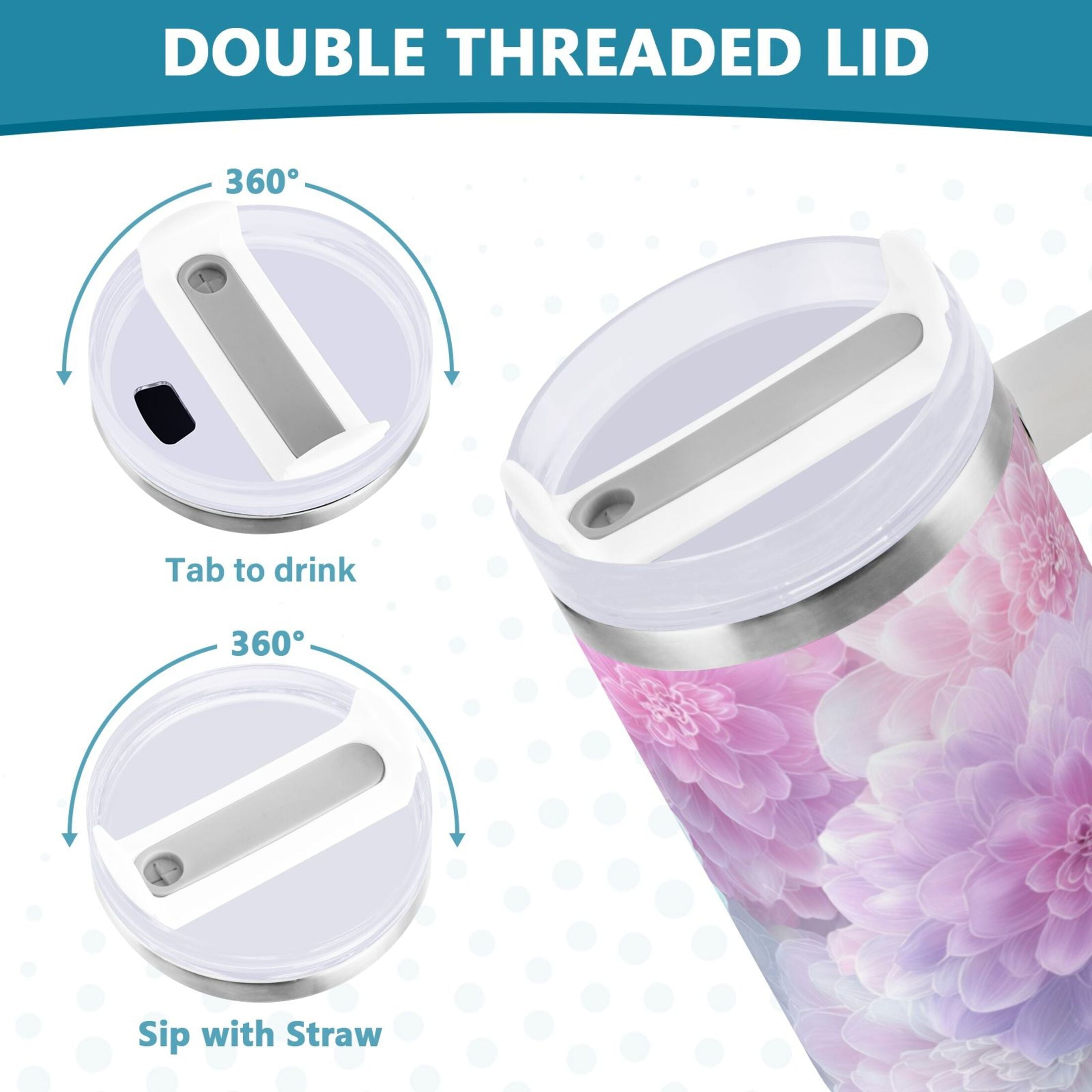 30 oz Insulated Stainless Steel Tumbler Double Wall Stainless Steel Tumbler with 2-Way Drinking Cute Pastel Watercolor Floral C578E