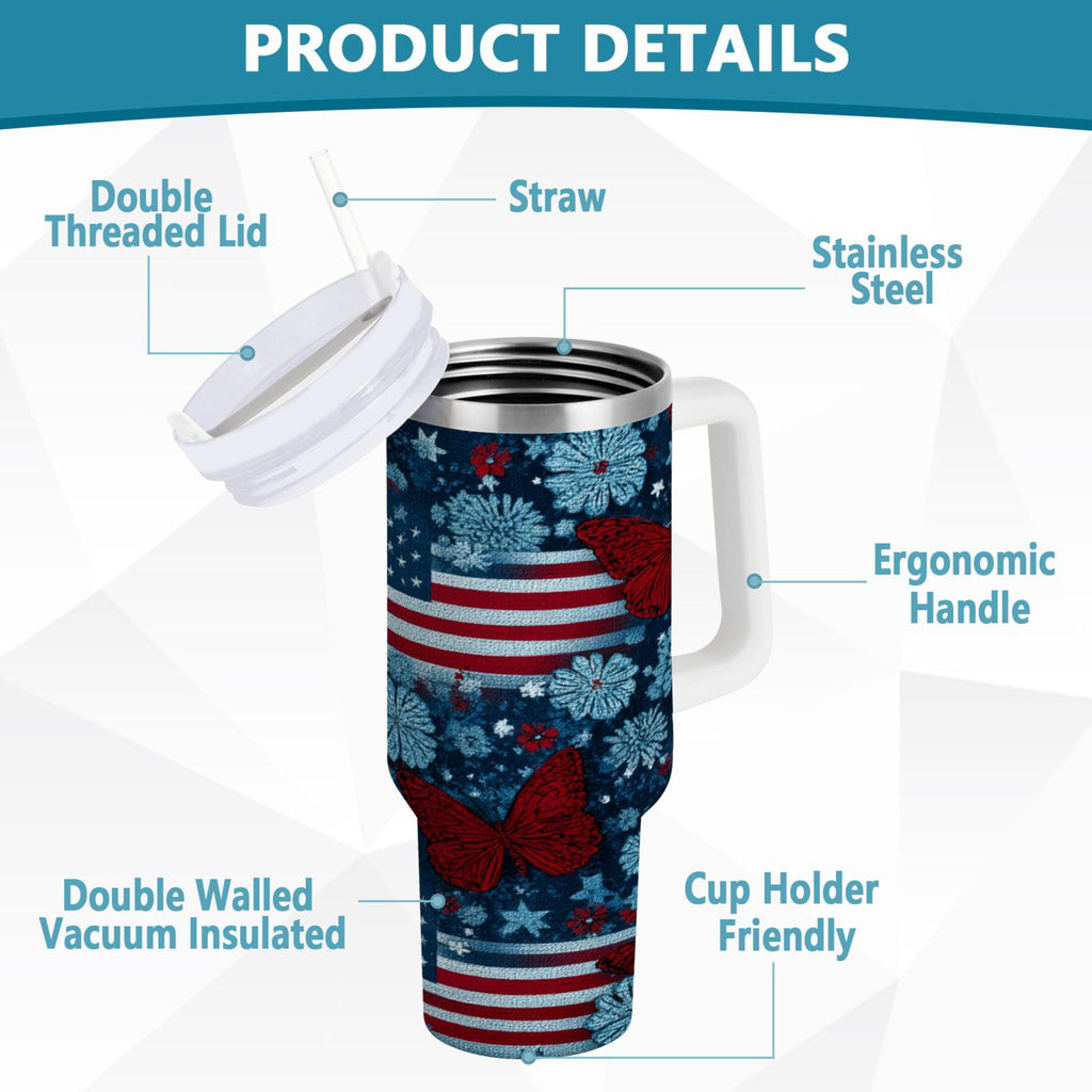 30 oz Insulated Stainless Steel Tumbler Double Wall Stainless Steel Tumbler with 2-Way Drinking Red Butterflies and Flags C621J