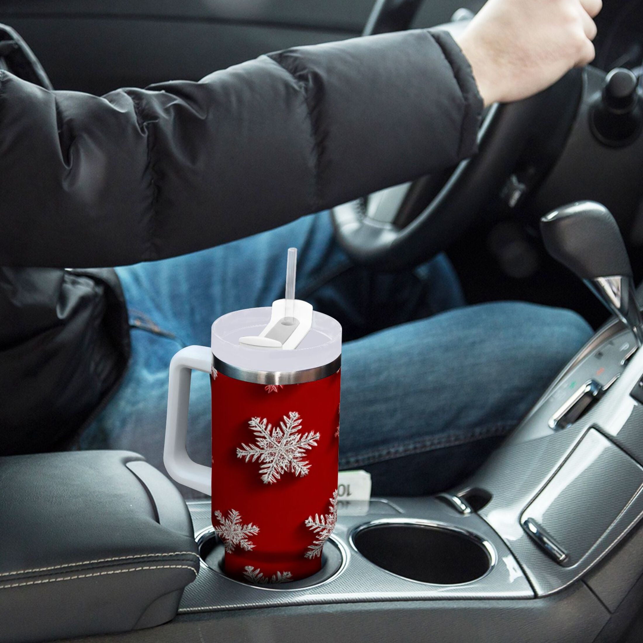 30 oz Insulated Stainless Steel Tumbler Double Wall Stainless Steel Tumbler with 2-Way Drinking Red and White Snowflakes C554D