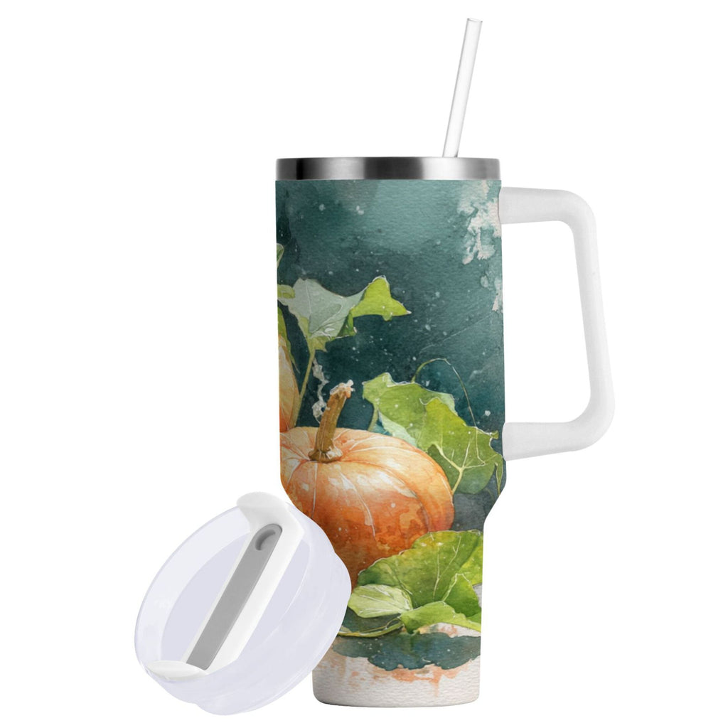 40 oz Insulated Stainless Steel Tumbler Double Wall Stainless Steel Tumbler with 2-Way Drinking Orange and White Pumpkins C535T