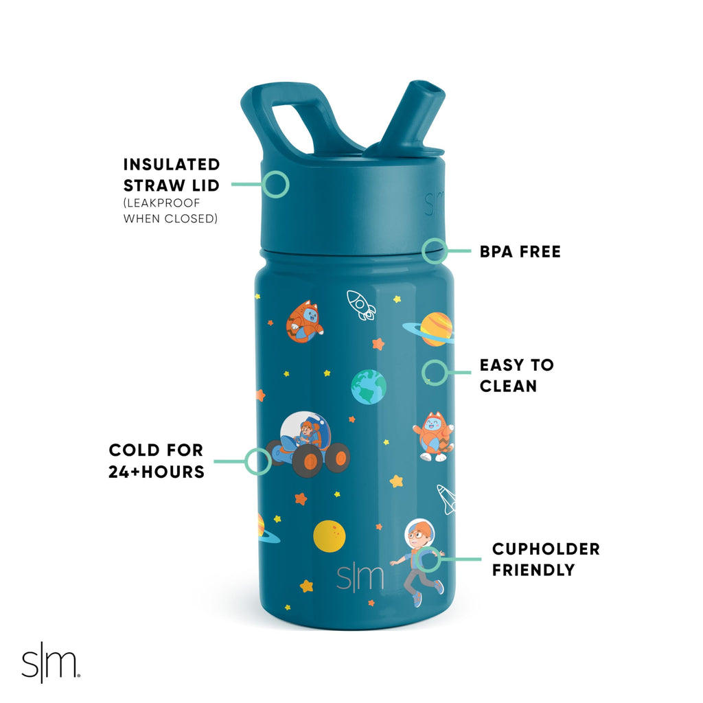 Simple Modern Blippi Kids Water Bottle with Straw Lid | Insulated Stainless Steel Reusable Tumbler for Toddlers, Girls | Summit Collection | 14oz, Blippi Space C689G
